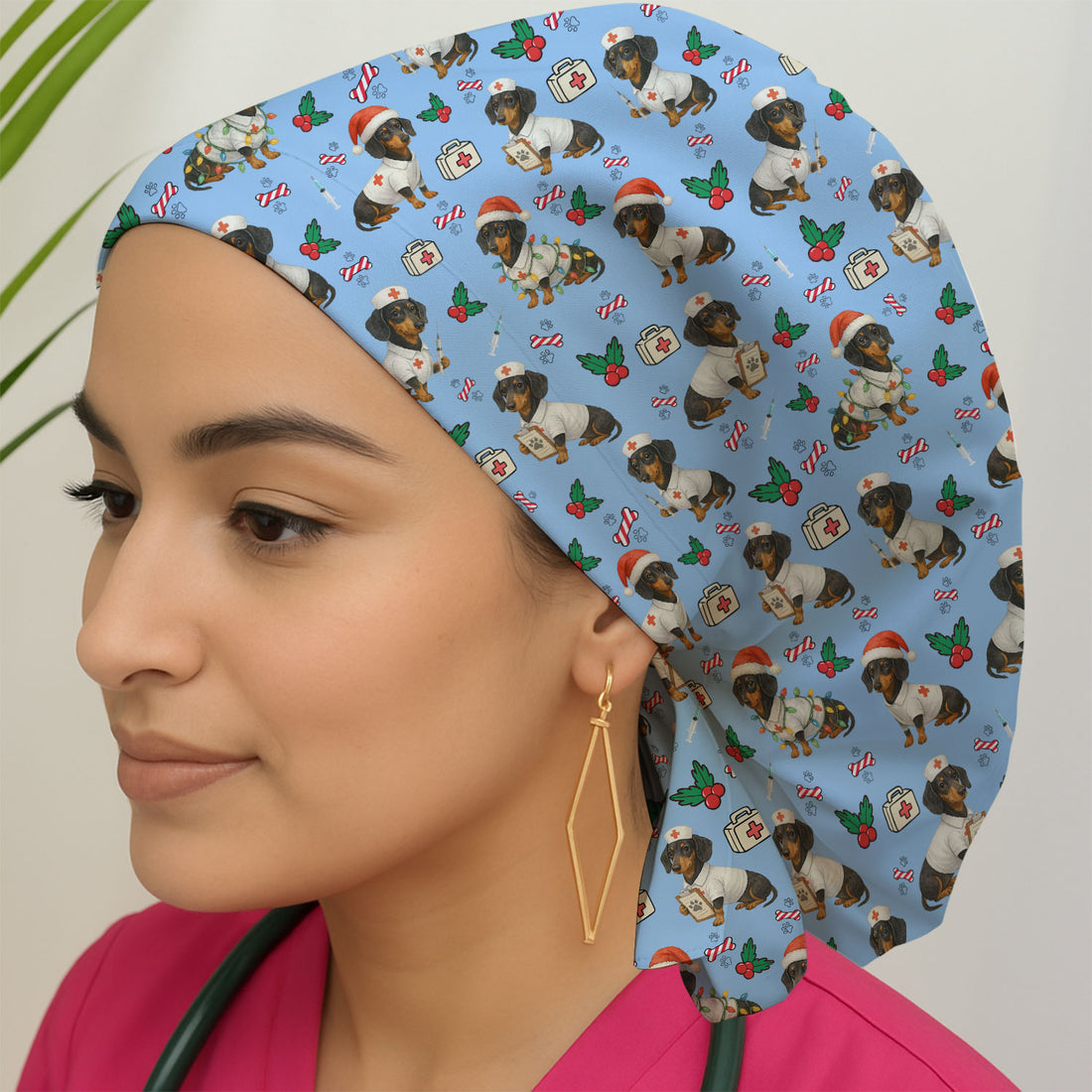 Custom Christmas Nurse Scrub Cap - Dachshund Dog Surgical Hat Multi Color - Funny Holiday Bouffant Cap for Women Nurses