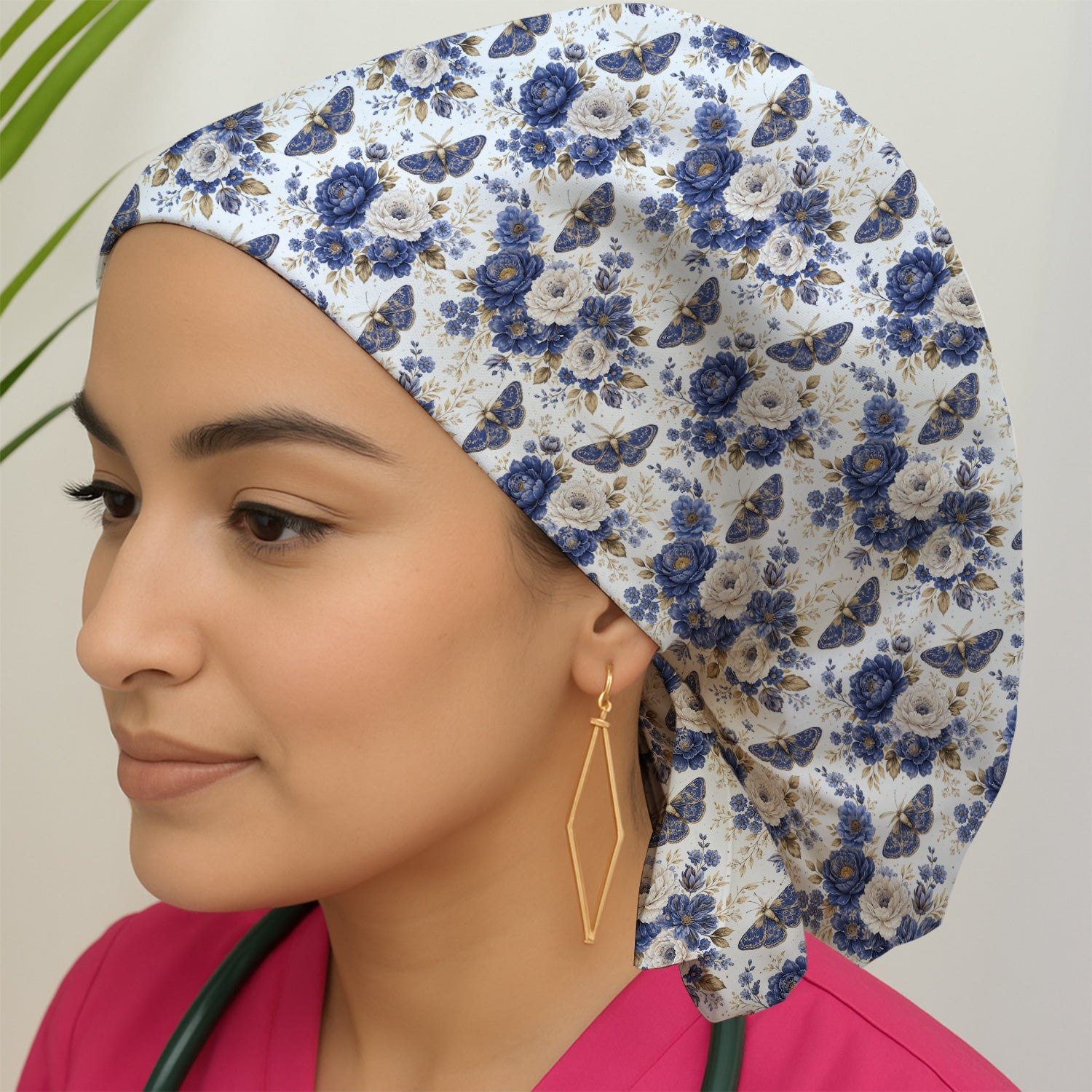 Cute Blue Floral Moth Pattern Scrub Cap, Surgical Caps for Doctors