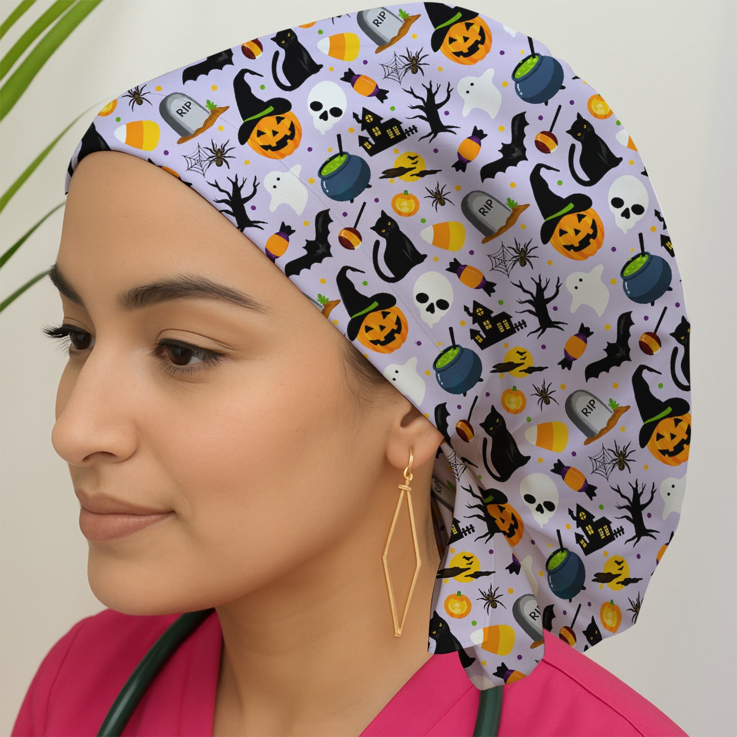 Ghost Pumpkin Witch Pattern Scrub Cap, Surgical Caps for Doctors