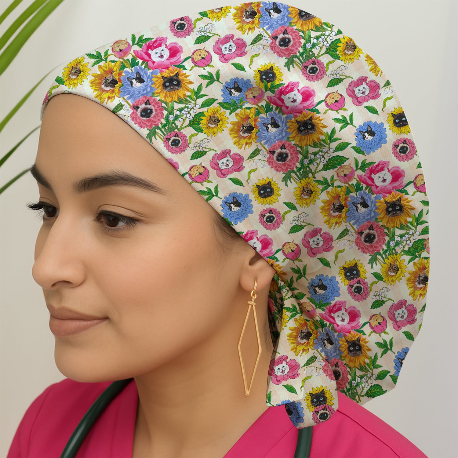 Cat Face Hidden In Colorful Flower Garden Scrub Cap, Surgical Caps for Doctors