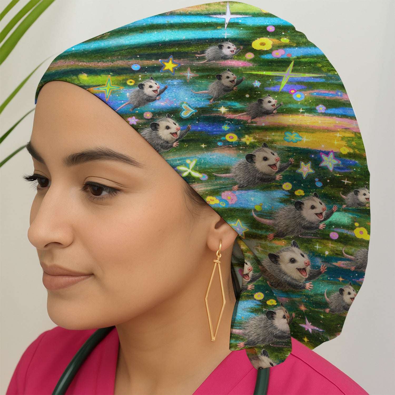 Colorful Opossum Rainbow Stars Print Scrub Cap, Surgical Caps for Doctors