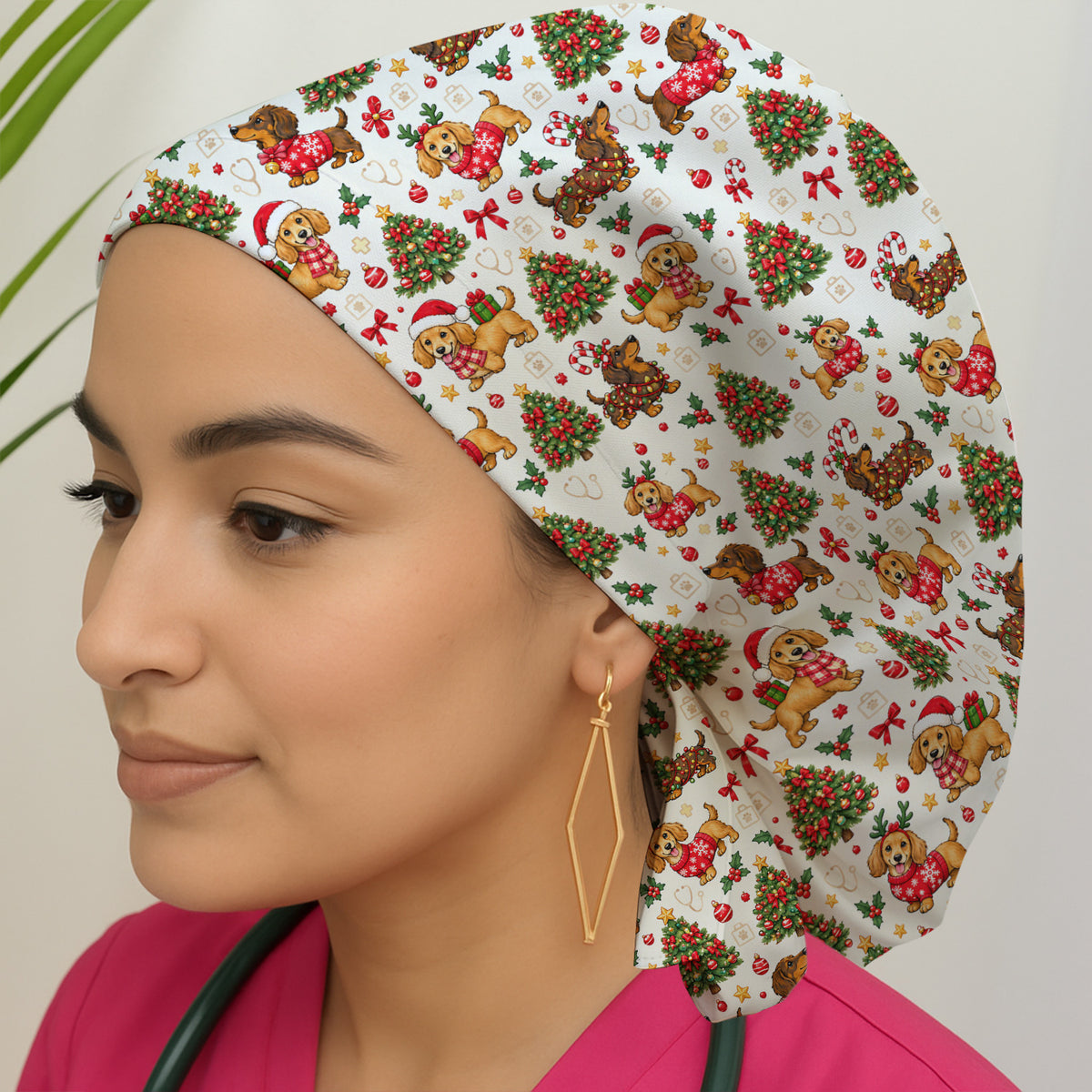 Cute Christmas Dachshund And Tree Pattern Scrub Cap, Surgical Caps for Nurses