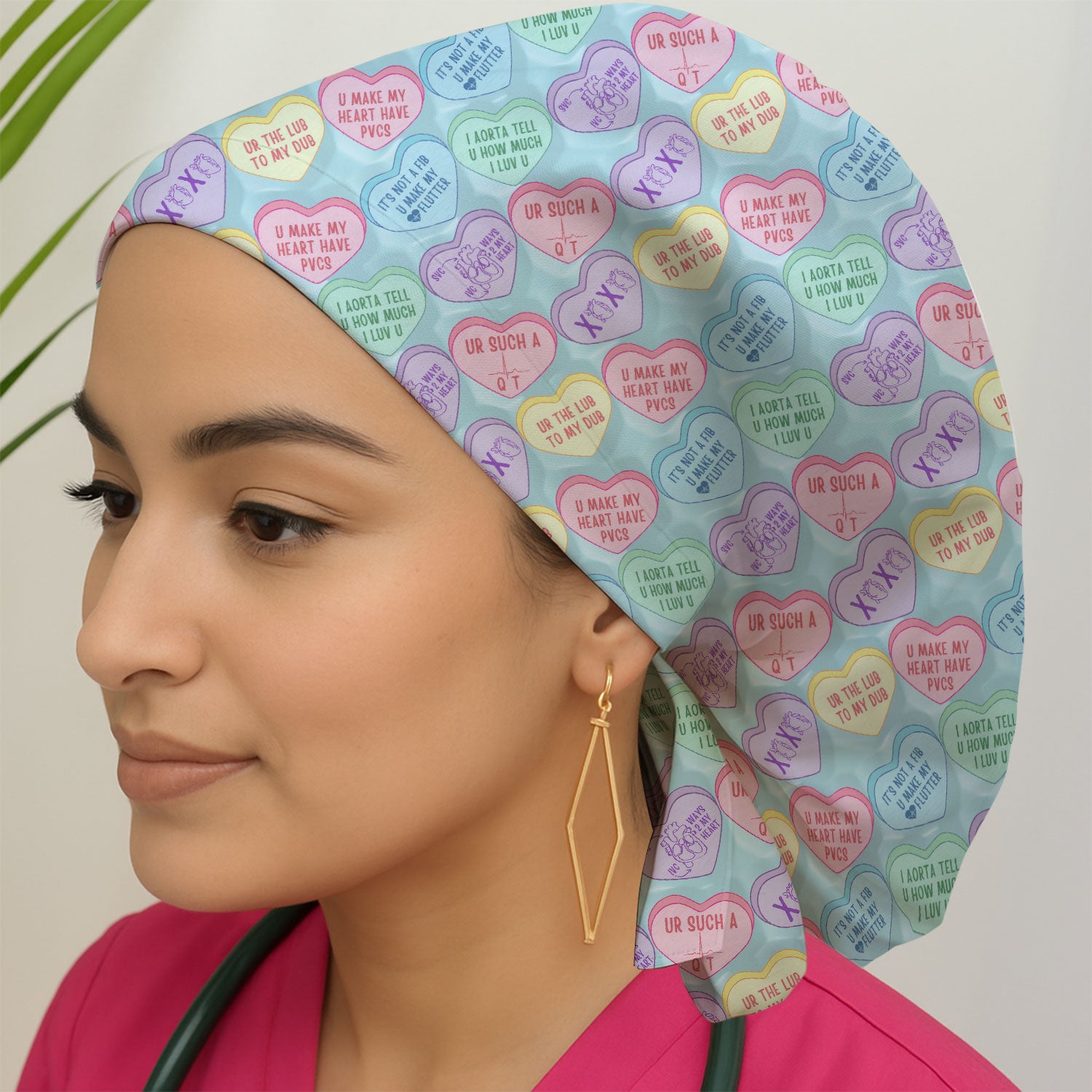 Medical Candy Heart Valentine Pattern, Fun Medical Pattern, Bouffant Scrub Caps for Women
