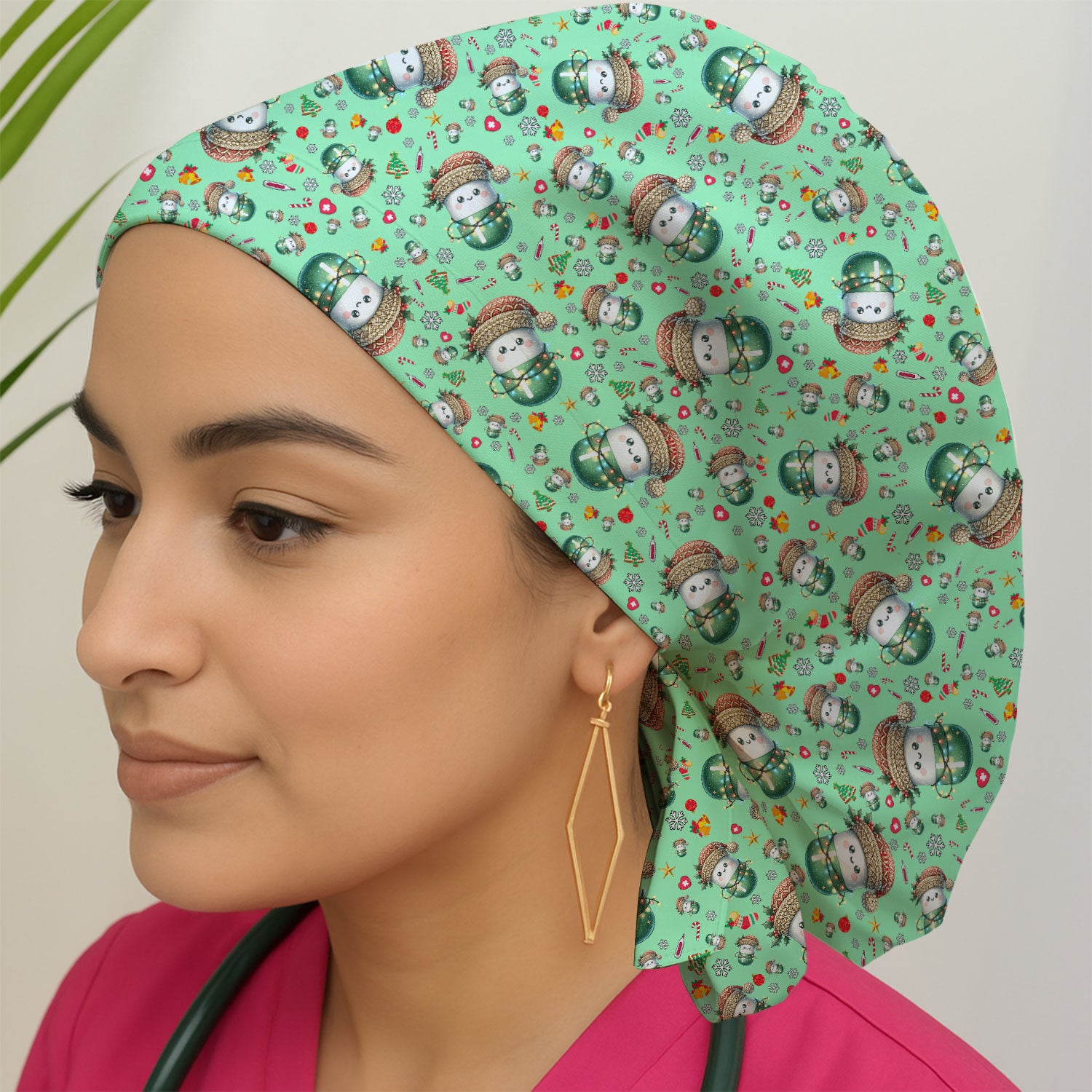 Pharmacy Tech Christmas Scrub Cap – Cute Green Snowman Print Nurse Outfit – Funny Holiday Medical Uniform for Pharmacists
