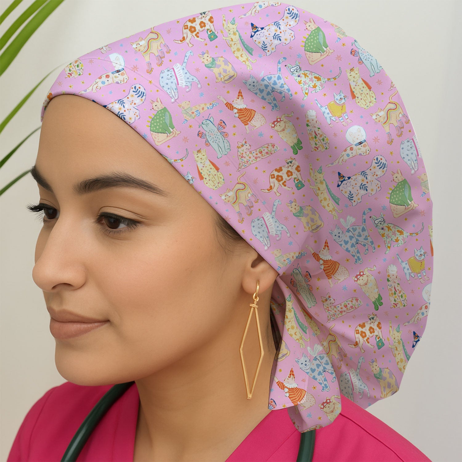 Colorful Pastel Cartoon Cats Print Cap, Bouffant Scrub Caps for Women