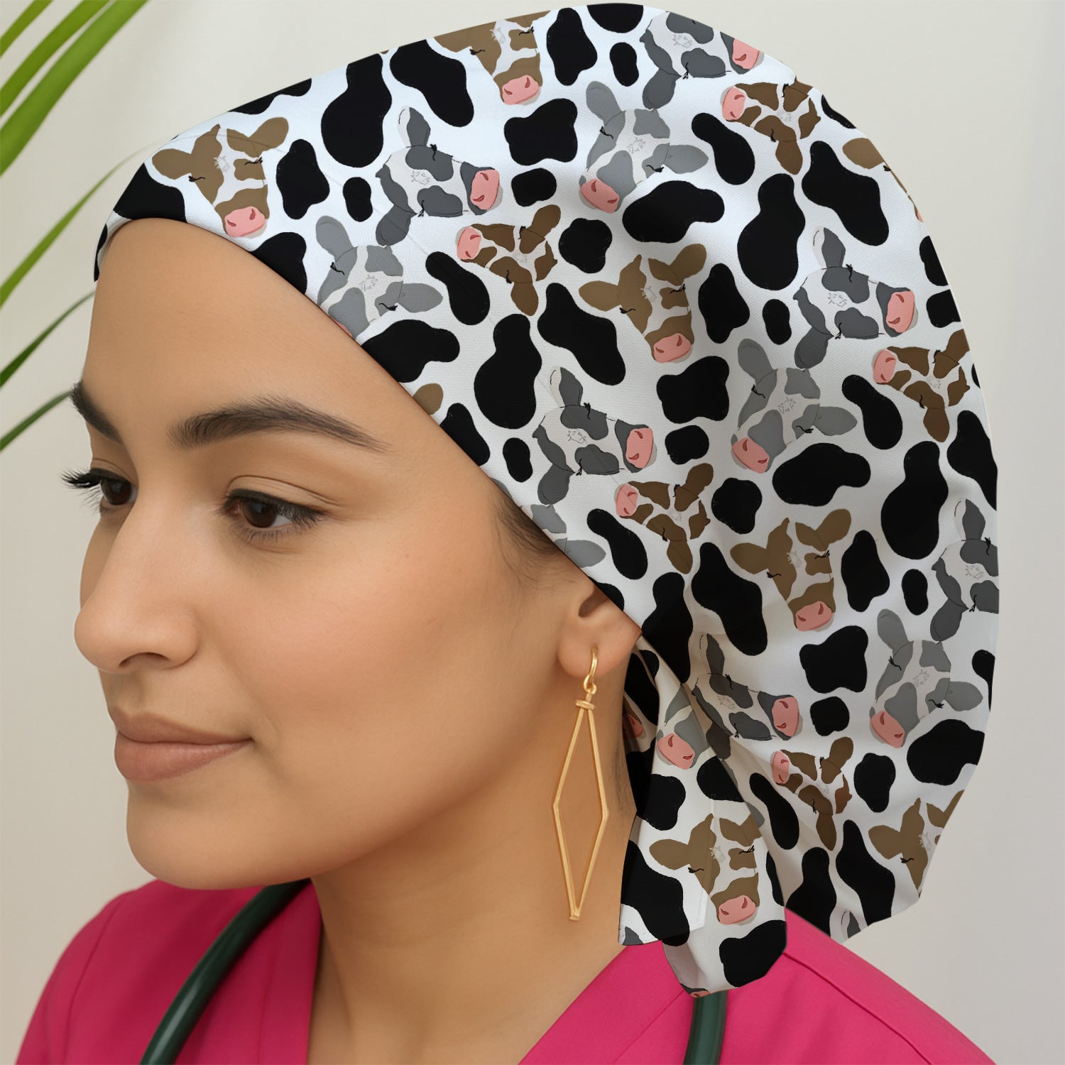 Cute Cow Face Black White Pattern Nurse Scrub Cap, Surgical Caps for Doctors