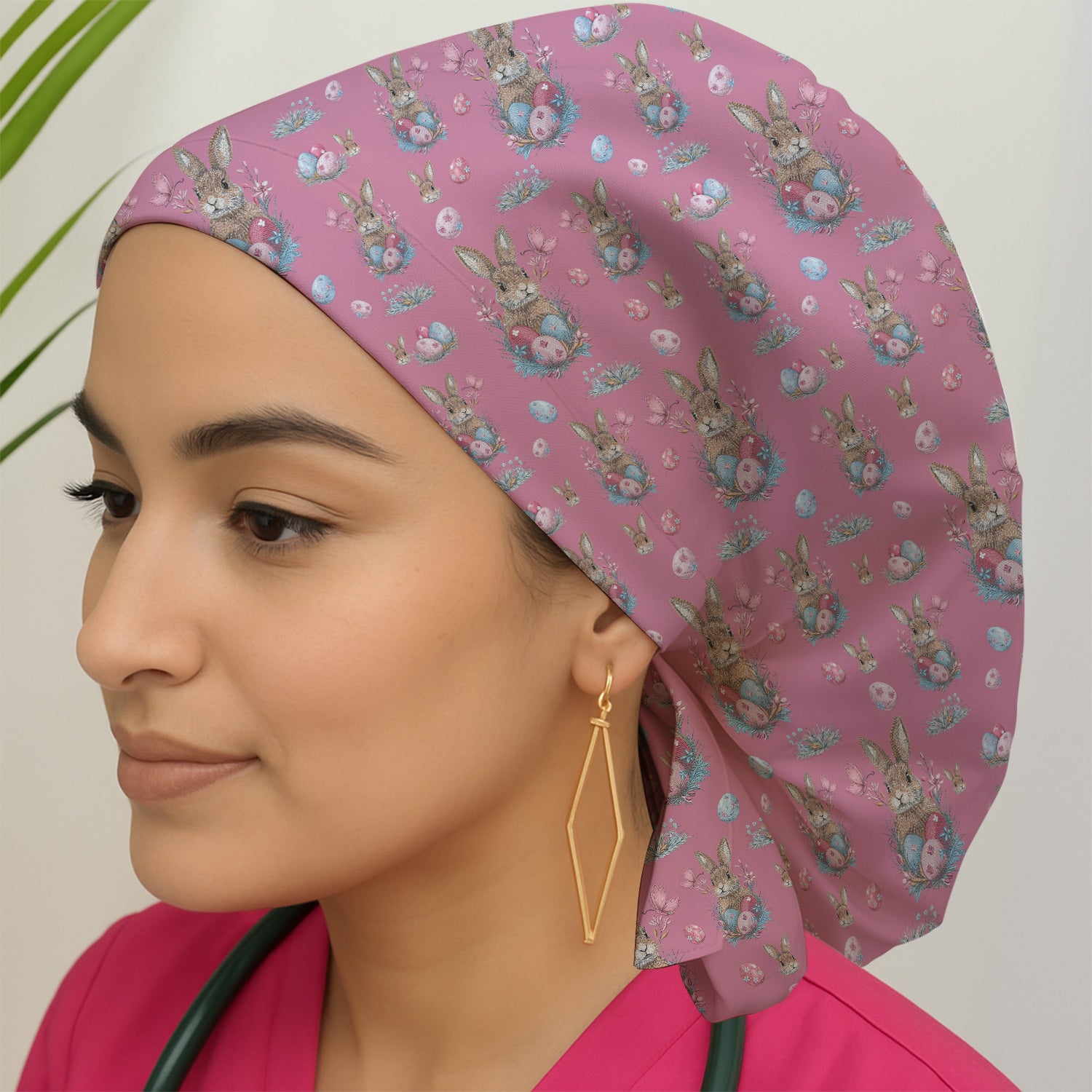 Pastel Easter Bunny Nest Pattern Print Cap, Bouffant Scrub Caps for Women