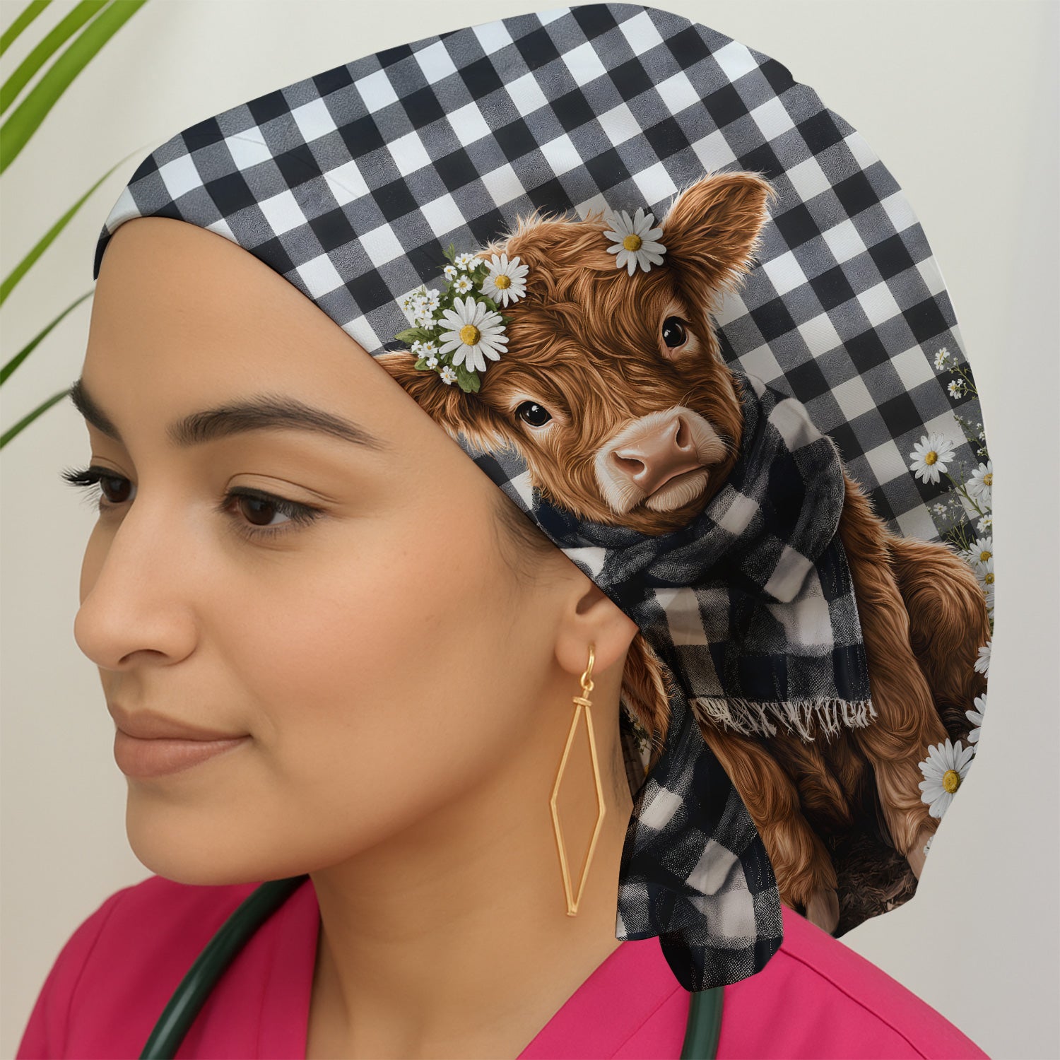 Highland Cow Daisy Pattern Scrub Cap, Surgical Caps for Doctors