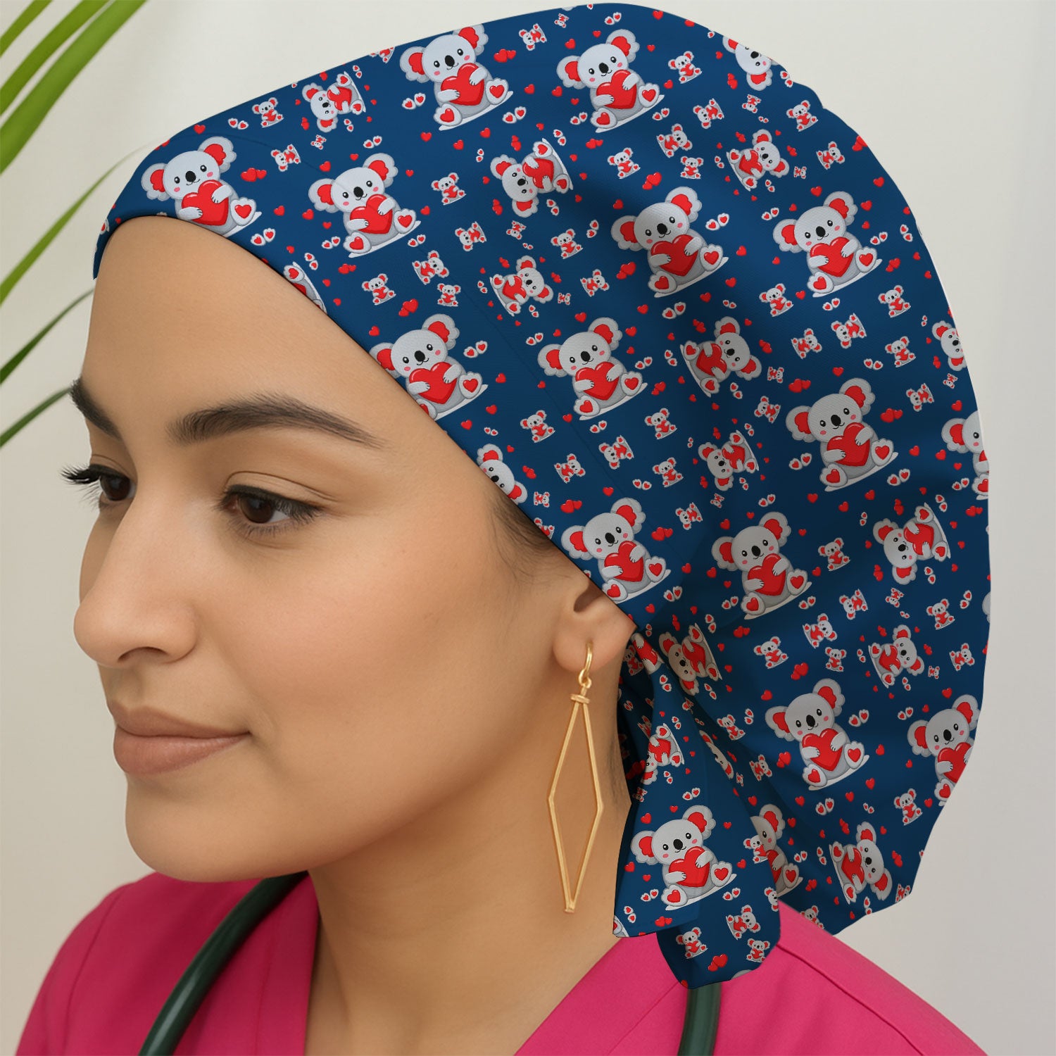 Valentine Cute Koala Heart Pattern Nurse Cap, Bouffant Scrub Caps for Women