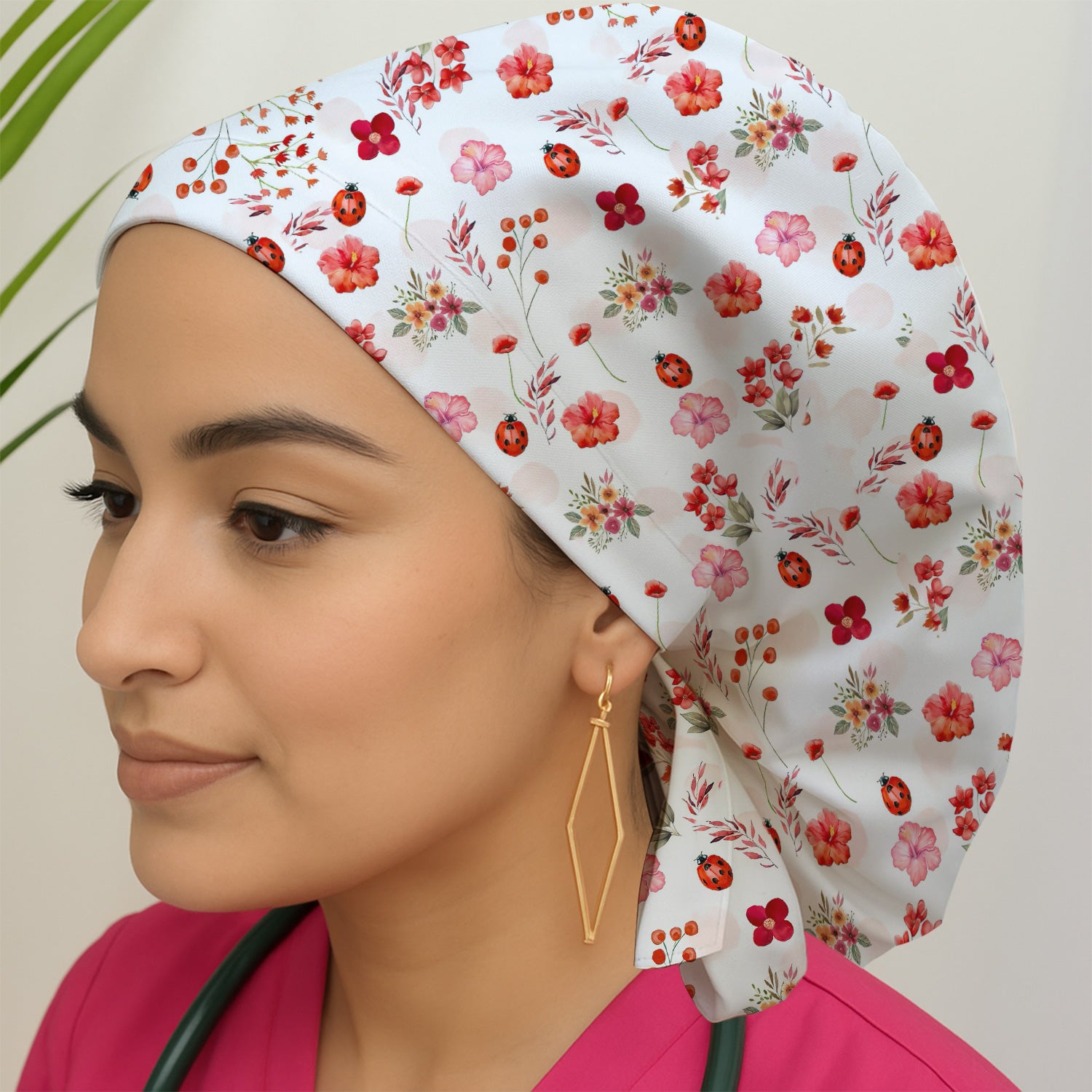 Red Ladybug Floral Garden Pattern Print Cap, Bouffant Scrub Caps for Women