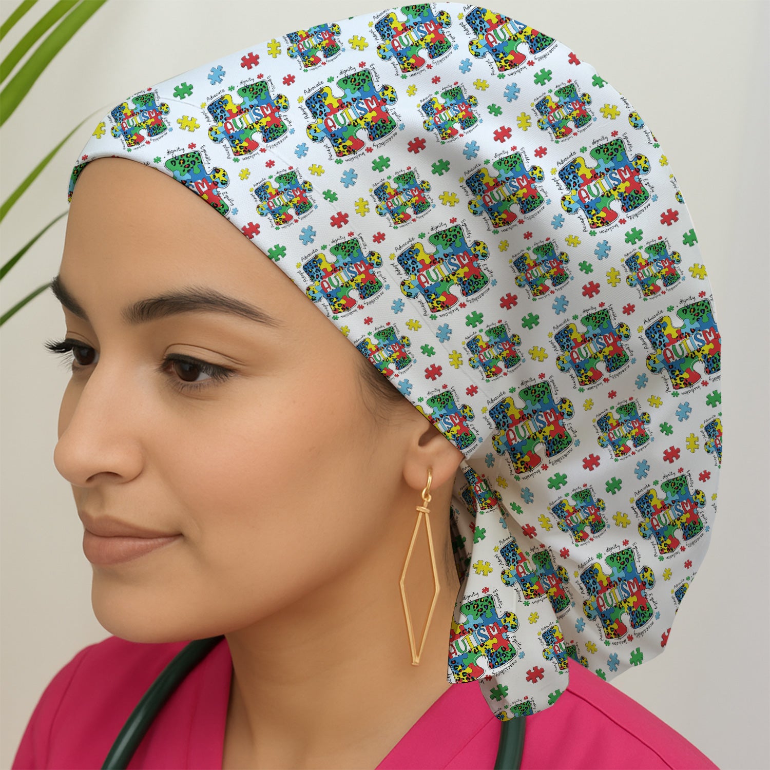Autism Awareness Puzzle Pattern Print Cap, Adjustable Nurse Surgical Cap