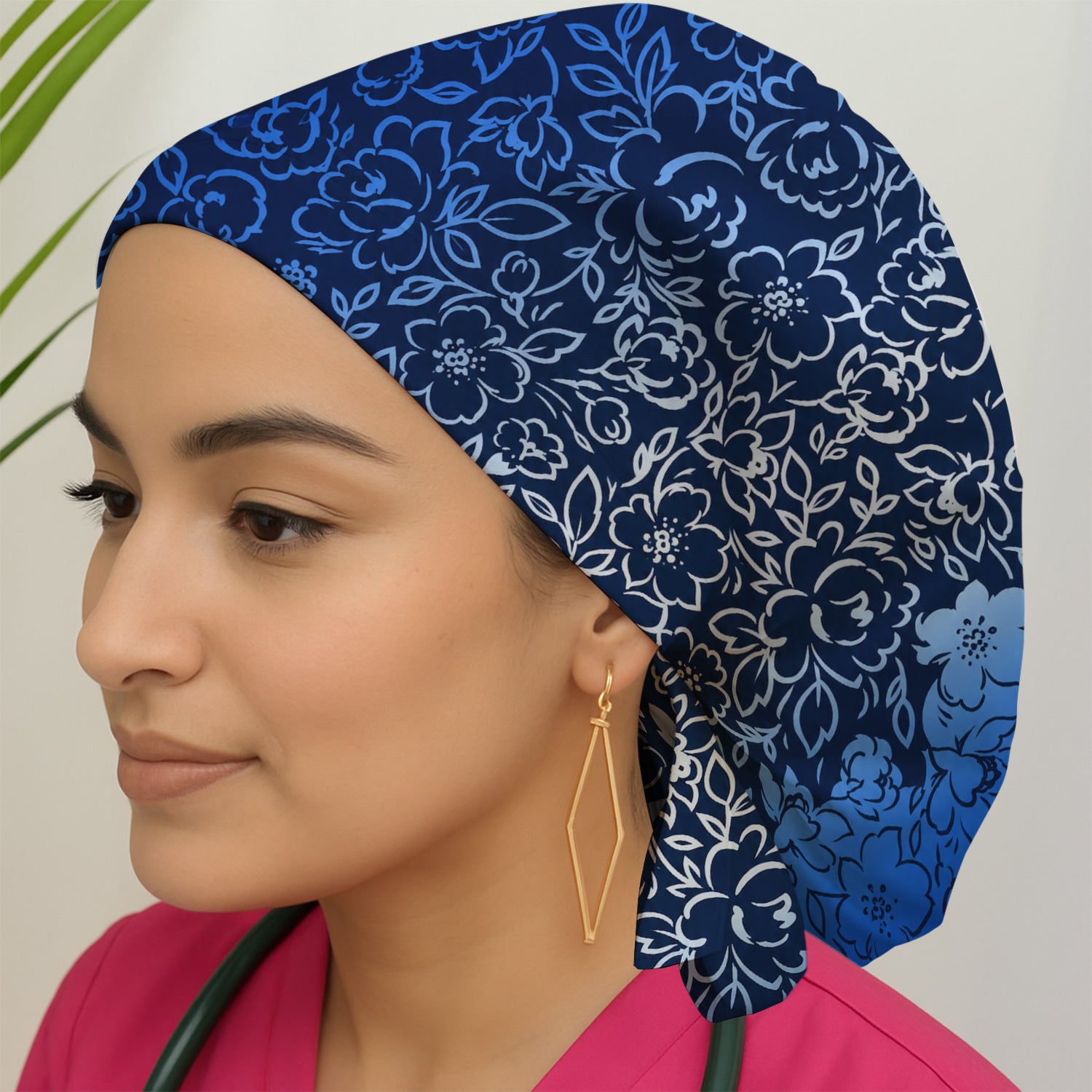 Navy Botanical Flower Print Scrub Cap, Surgical Caps for Doctors