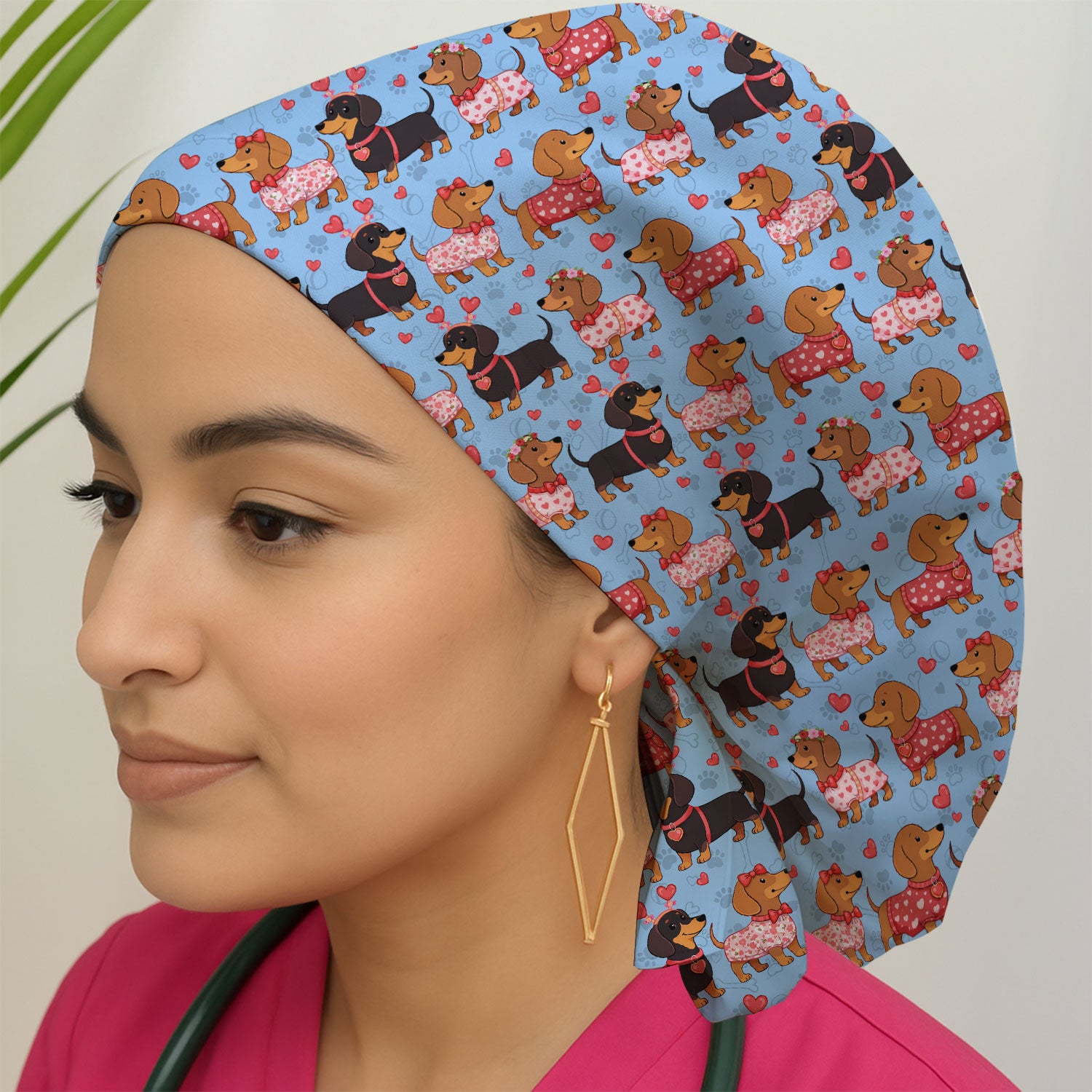 Valentine Dachshund Scrub Cap, Wiener Dog Love Pattern Nurse Hat, Breathable Fabrics Nursing Uniform