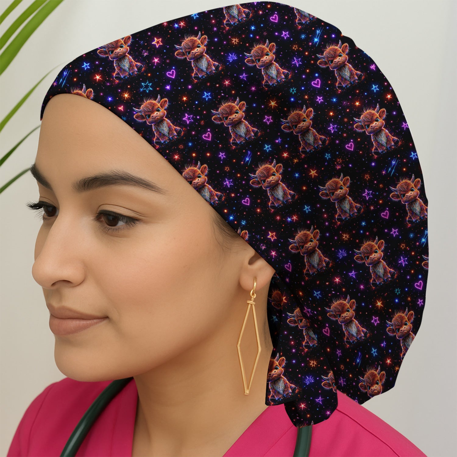 Neon Highland Cow Stars Pattern Scrub Cap, Surgical Caps for Doctors