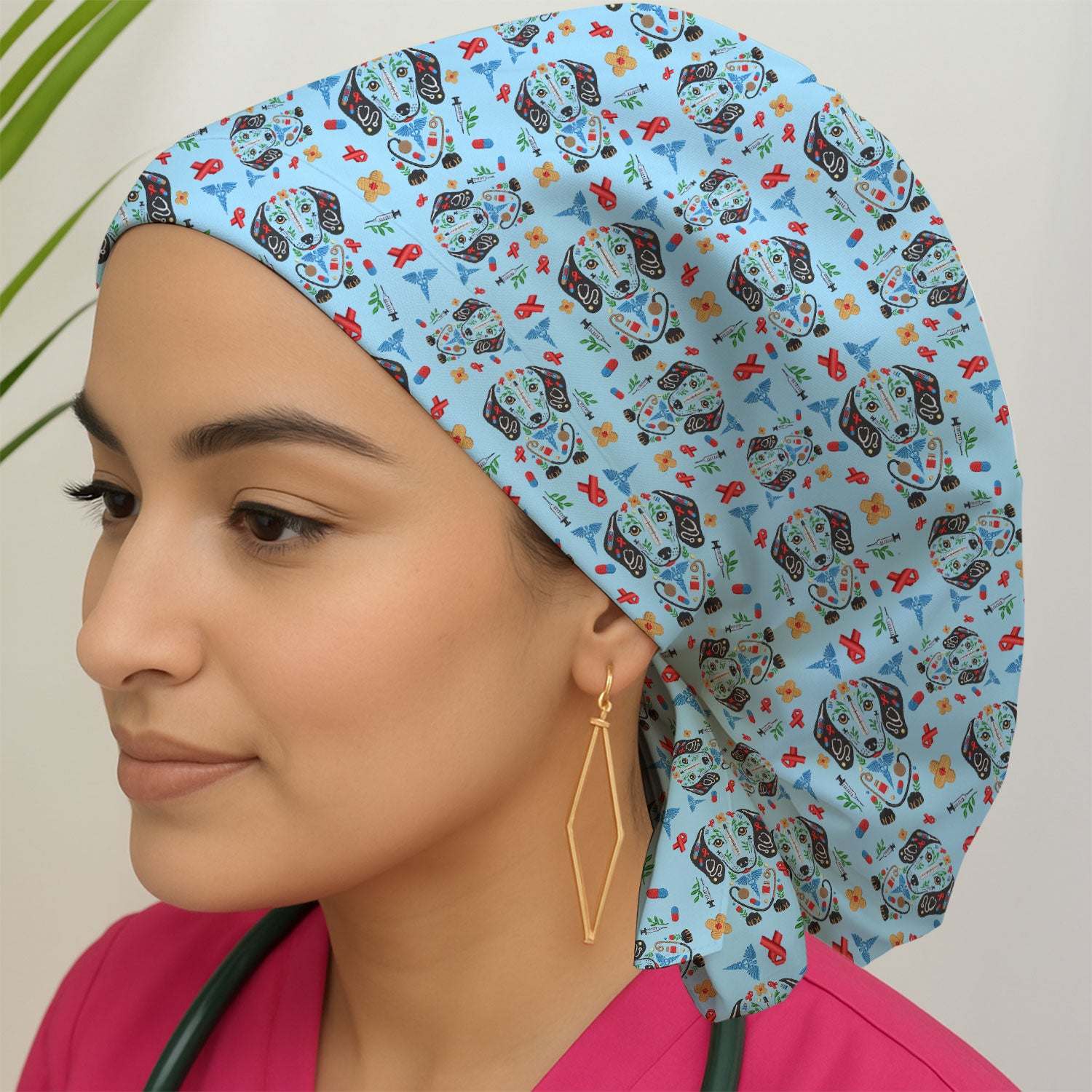 Dachshund Medical Icon Pattern Scrub Cap, Bouffant Scrub Caps for Women