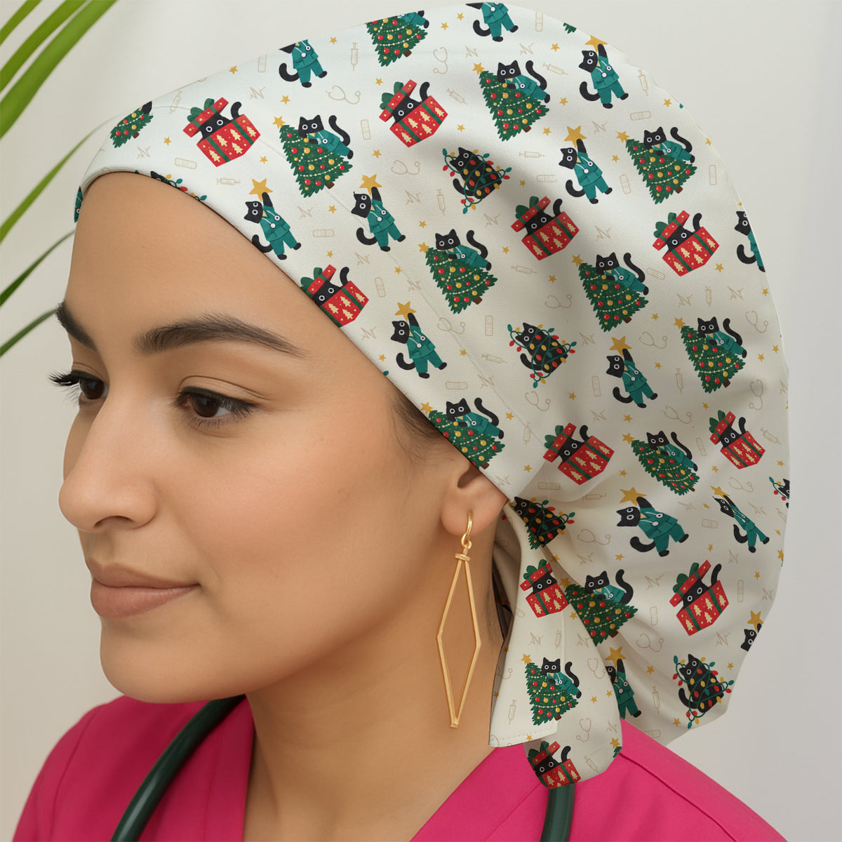 Christmas Black Nurse Cats And Trees Scrub Cap, Surgical Caps for Doctors