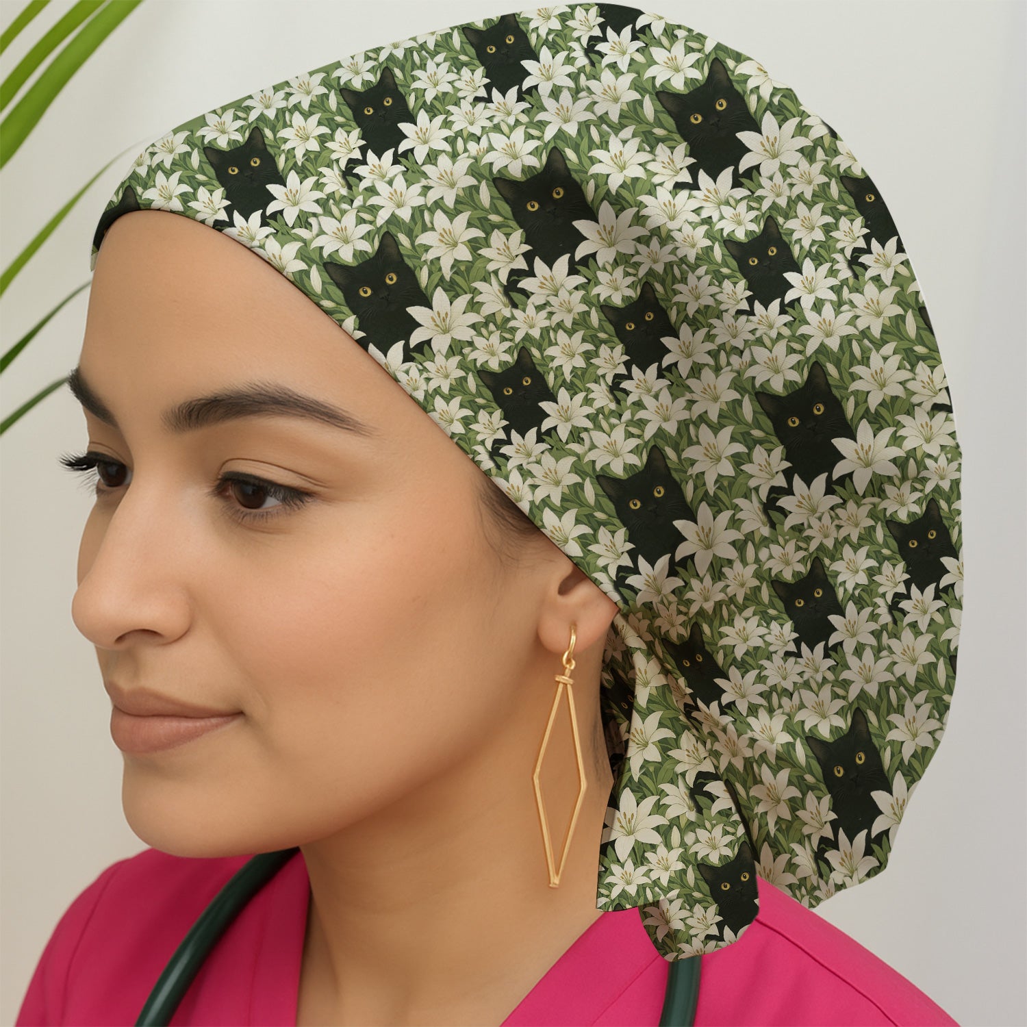 Black Cat Hidden In Lily Garden Pattern Scrub Cap, Surgical Caps for Doctors