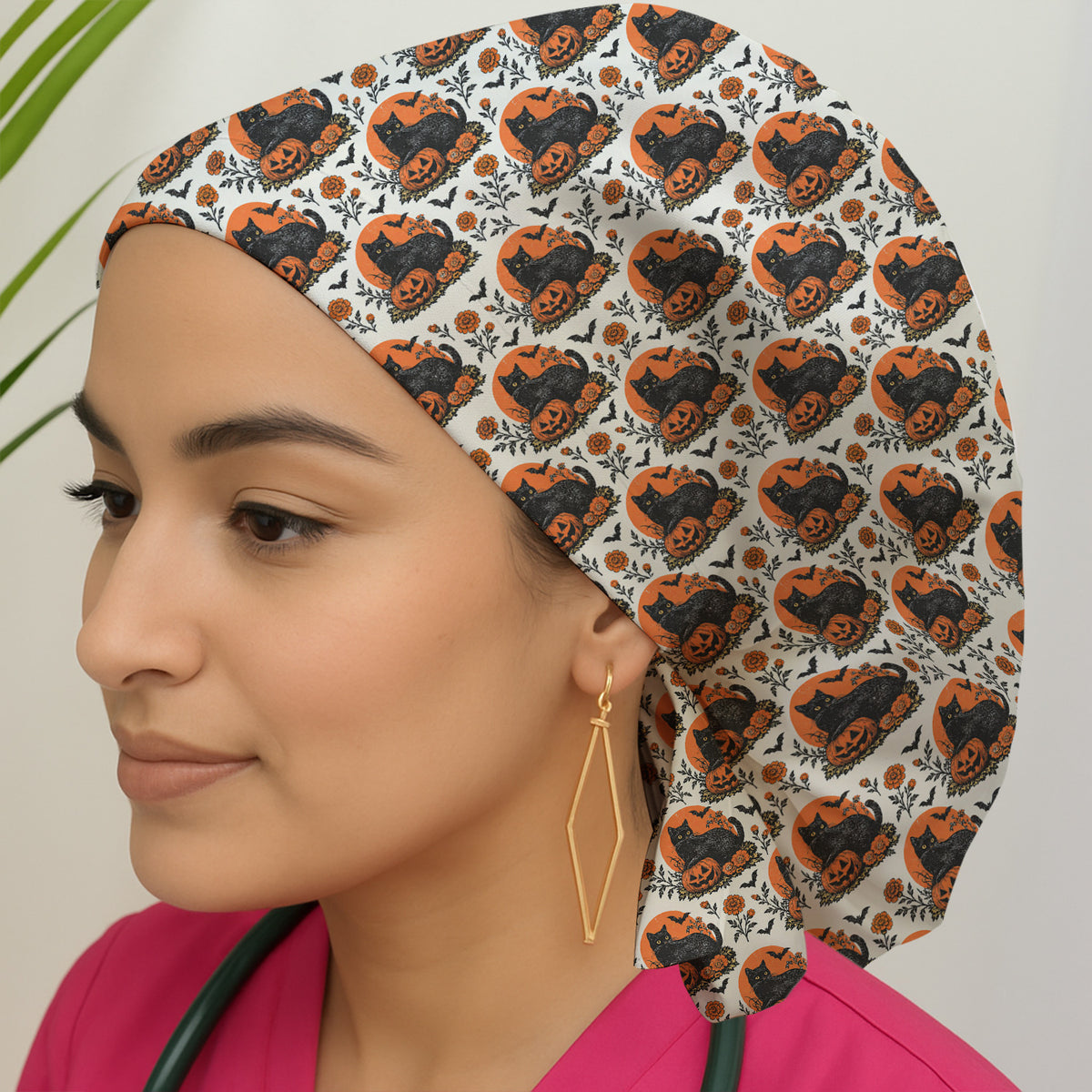 Halloween Black Cat Energy Pattern Scrub Cap, Surgical Caps for Nurses