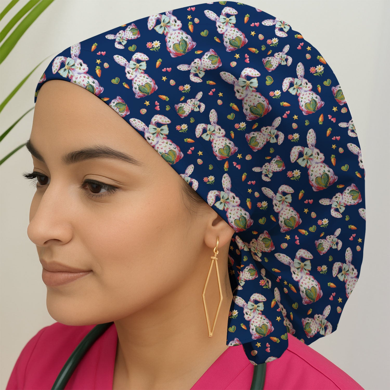 Cute Pastel Bunny Easter Pattern Cap, Bouffant Scrub Caps for Women