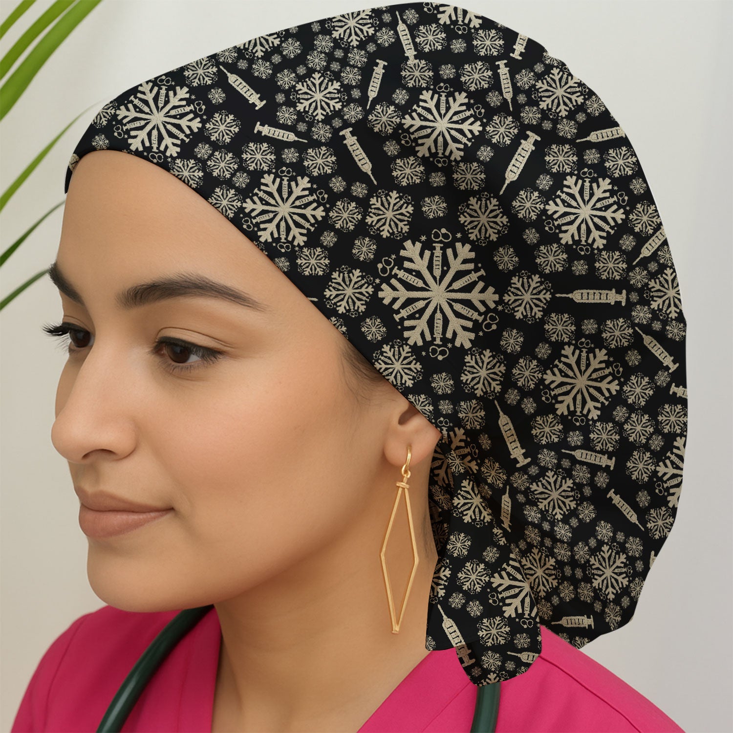 Snowflake Syringe Bouffant Scrub Caps for Women - Winter Snow Holiday Nursing Gift - Breathable Fabrics Caps Uniform