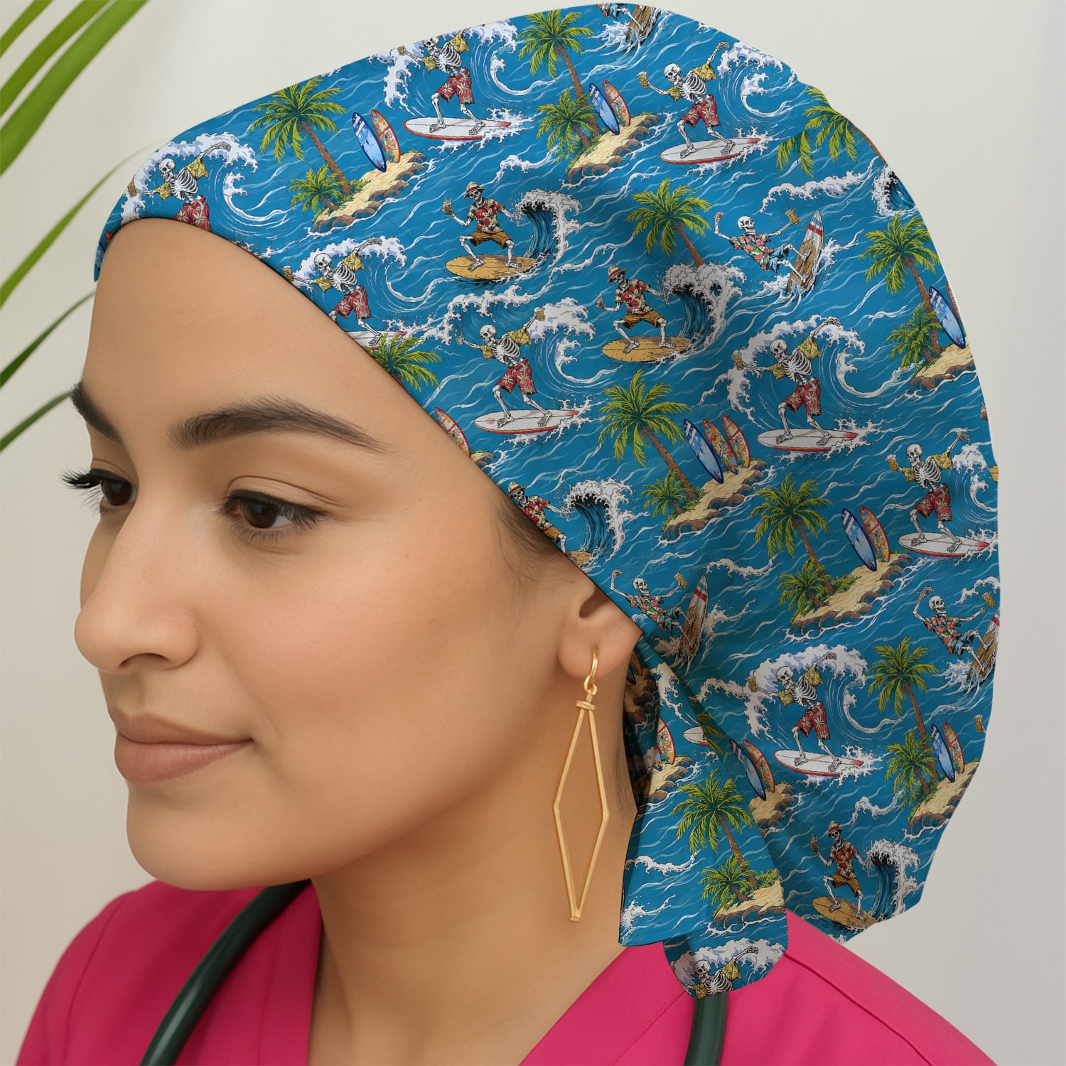 Spooky Tropical Skeleton Surfer Pattern Scrub Cap, Surgical Caps for Doctors