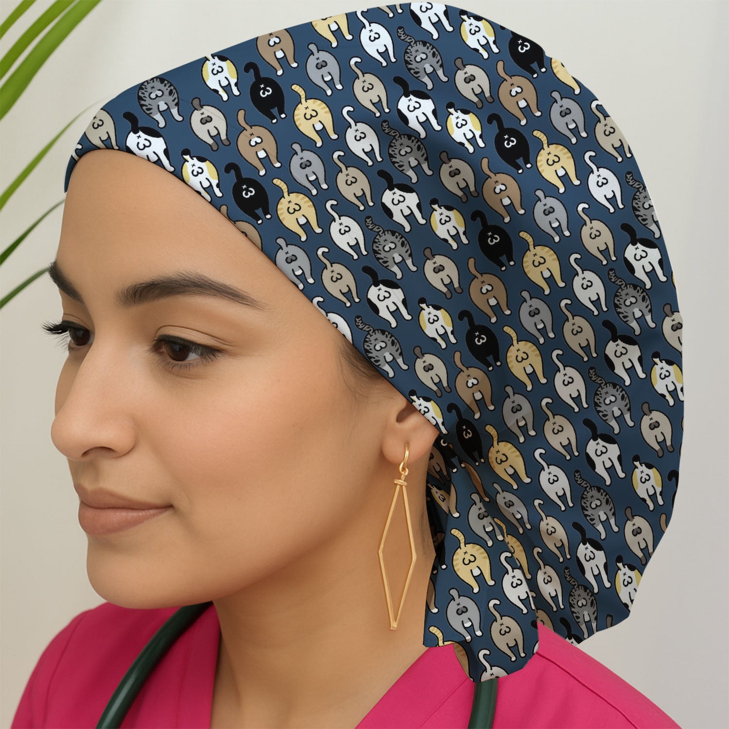 Cat Lover Nurse Scrub Cap, Funny Cat Butt Pattern Medical Hat, Breathable Fabrics Nursing Uniform