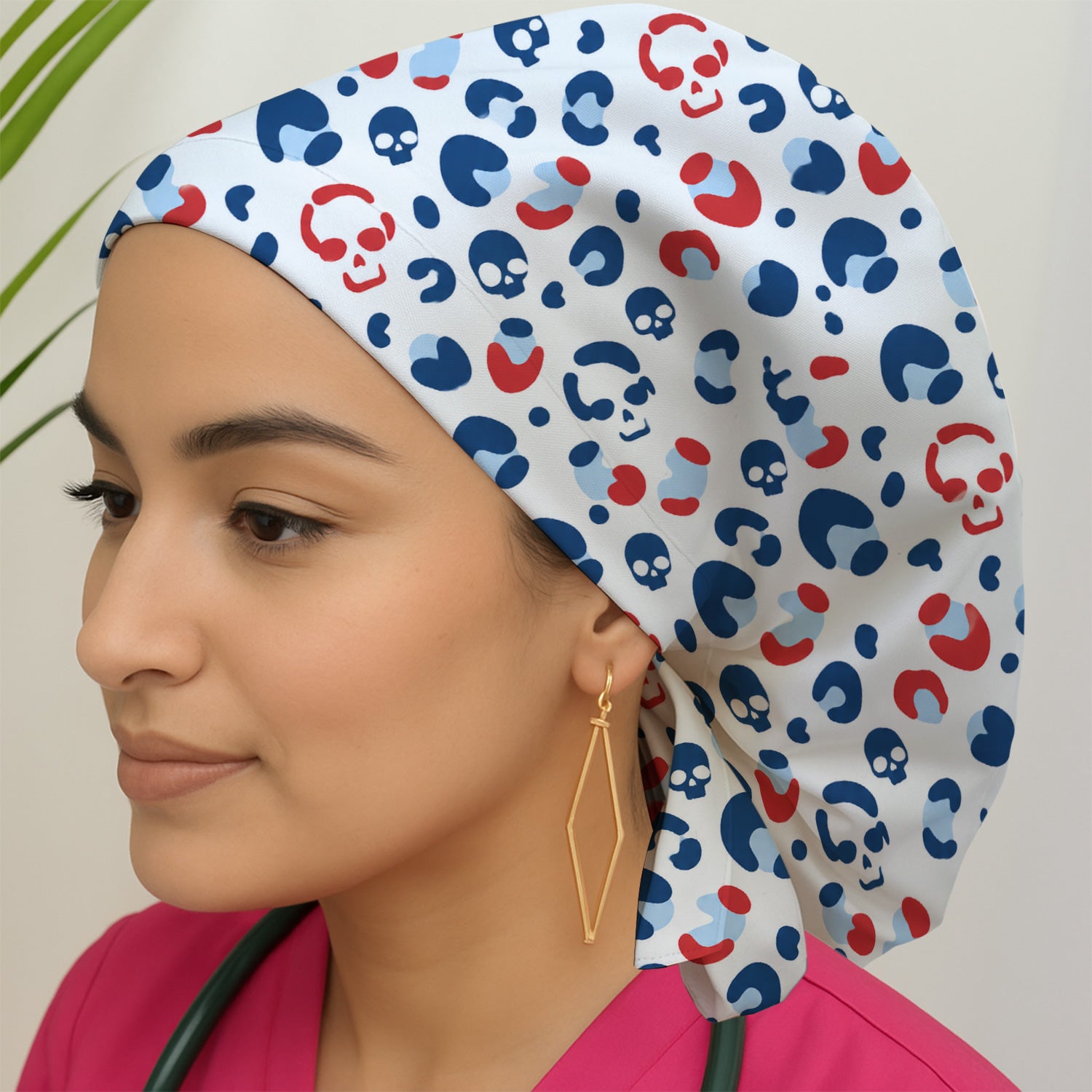 Red Blue Skull Leopard Pattern Scrub Cap, Surgical Caps for Doctors