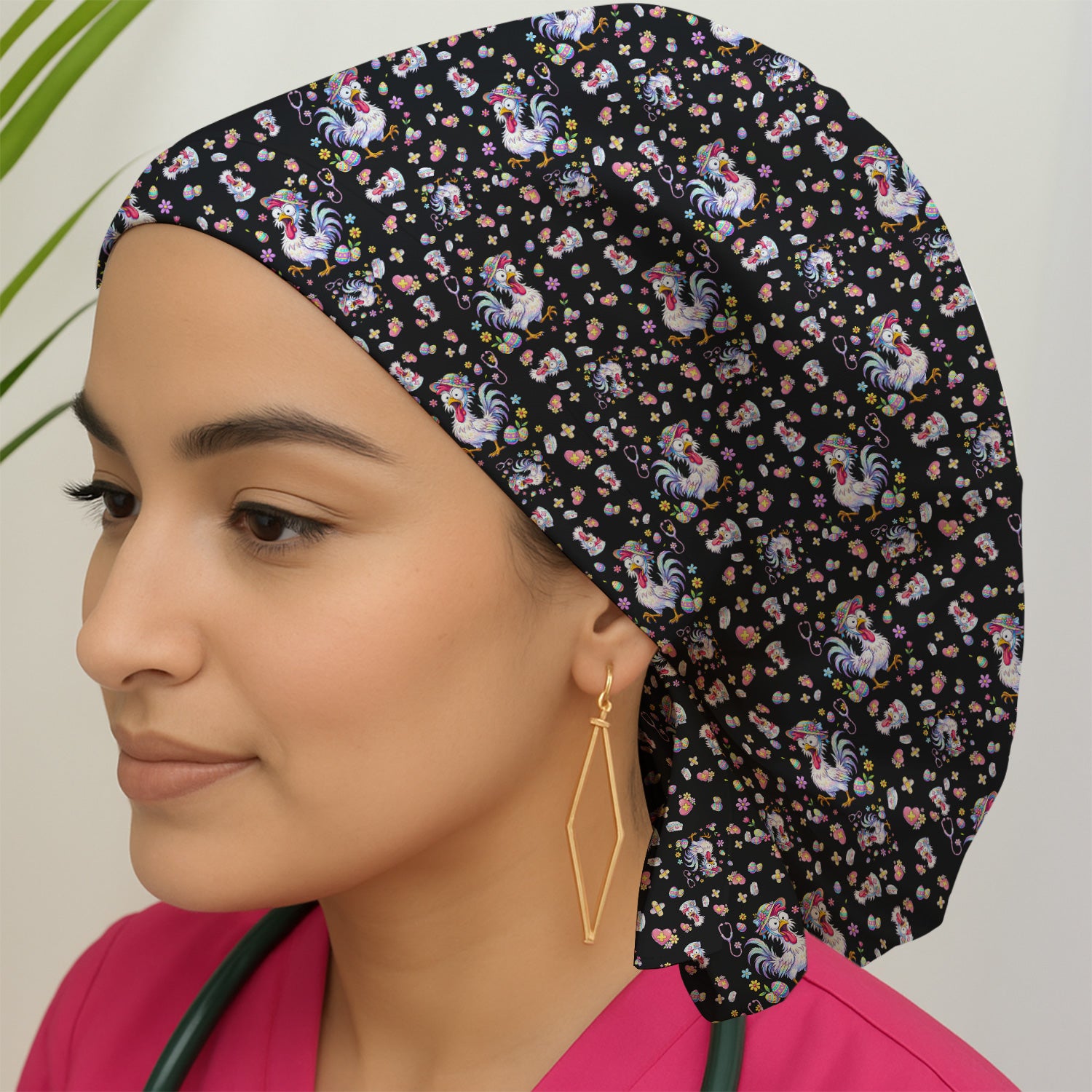 Funny Easter Nurse Chicken Pattern Print Cap, Bouffant Scrub Caps for Women