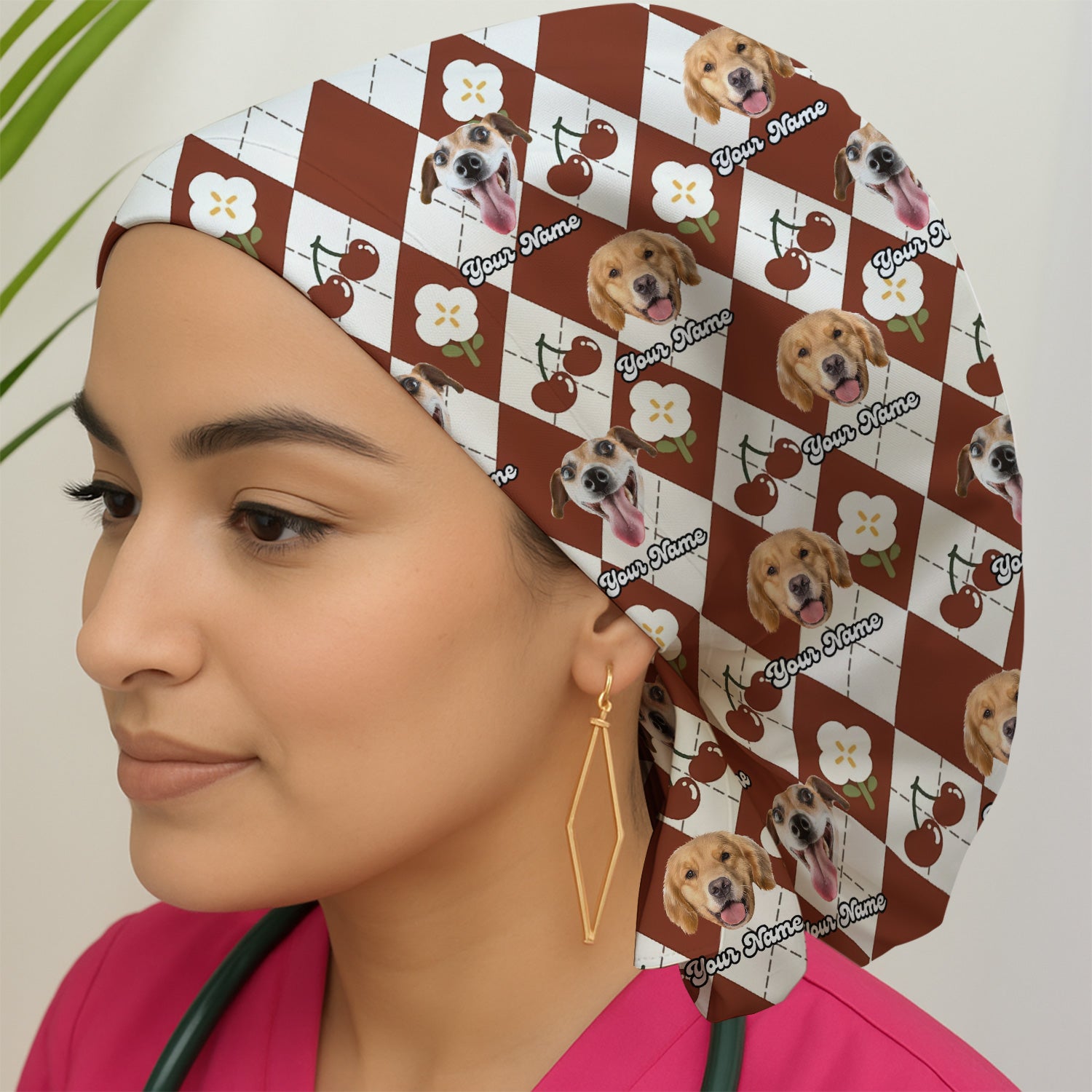 Custom Dog Face Scrub Cap, Playful Dog Cherry Argyle Pattern, Surgical Caps for Doctors
