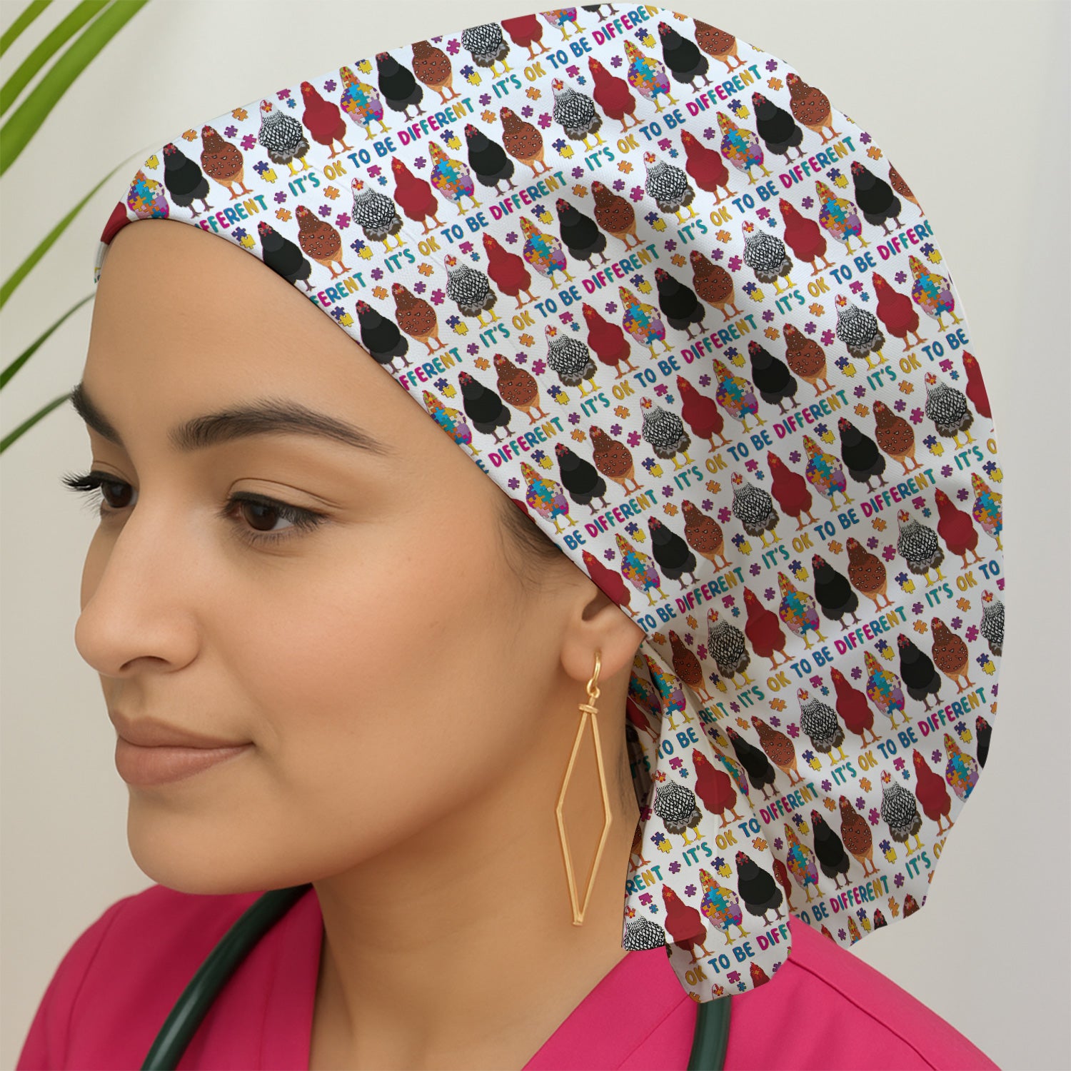 Autism Chicken It’s OK to Be Different Print Cap, Bouffant Scrub Caps for Women