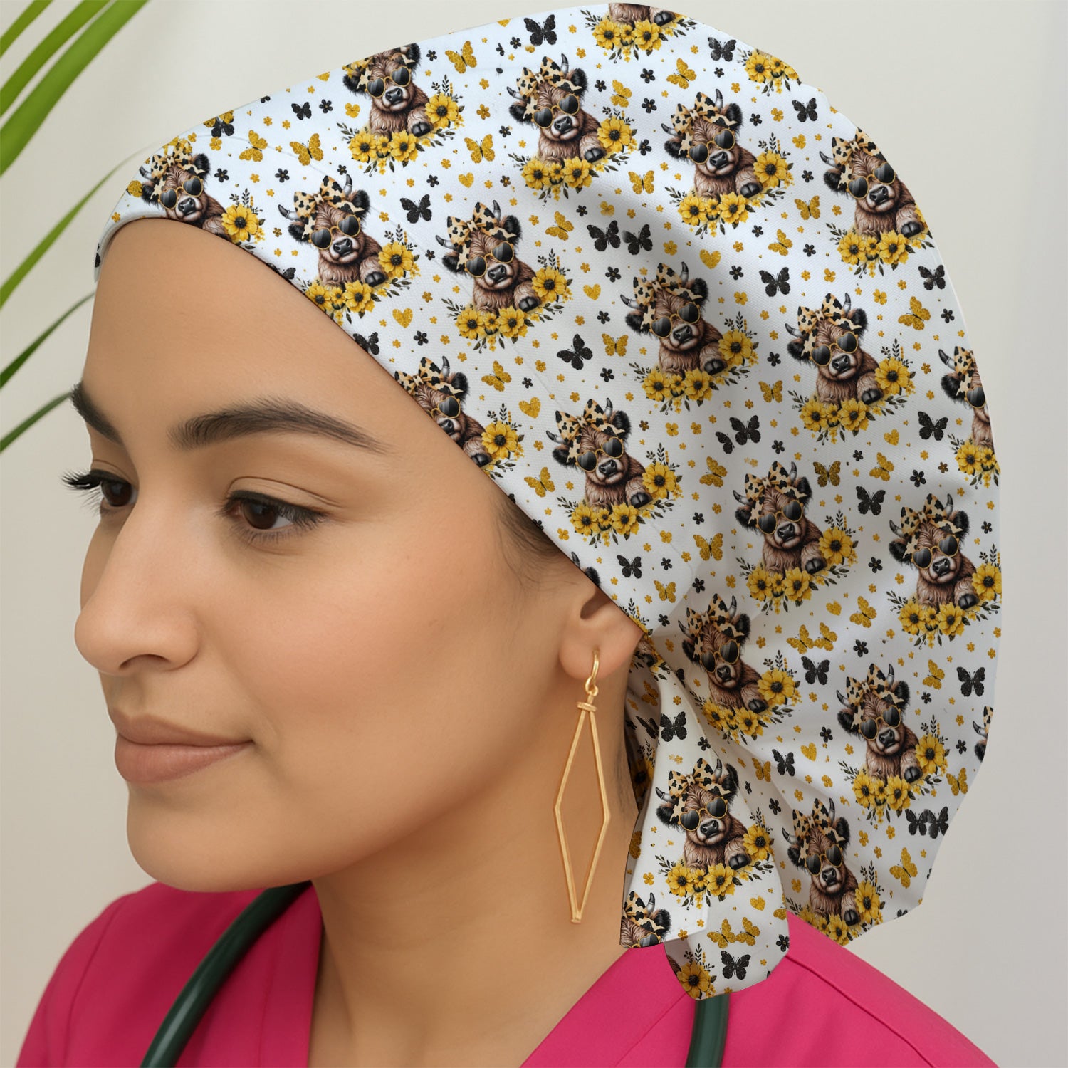 Cow With Sunflower Bow Pattern Scrub Cap, Surgical Caps for Doctors