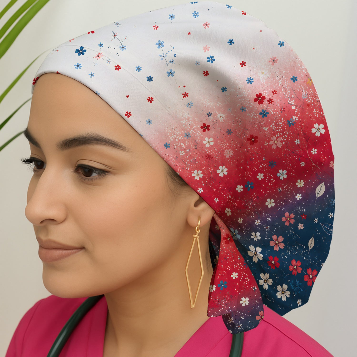 Patriotic Red White Blue Floral Ombre Print Scrub Cap, Surgical Caps for Doctors