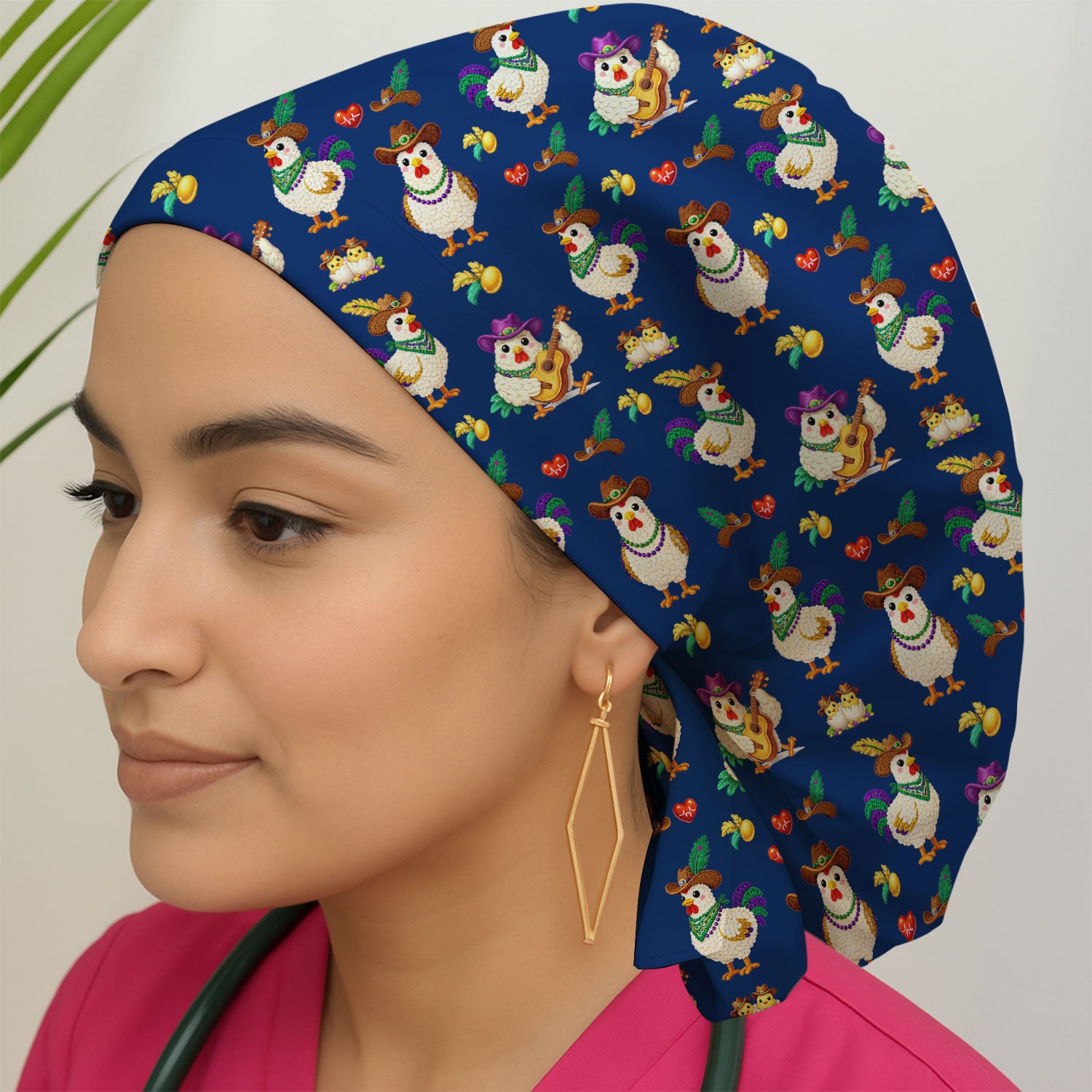 Funny Mardi Gras Rooster Cowboy Print Cap, Bouffant Scrub Caps for Women