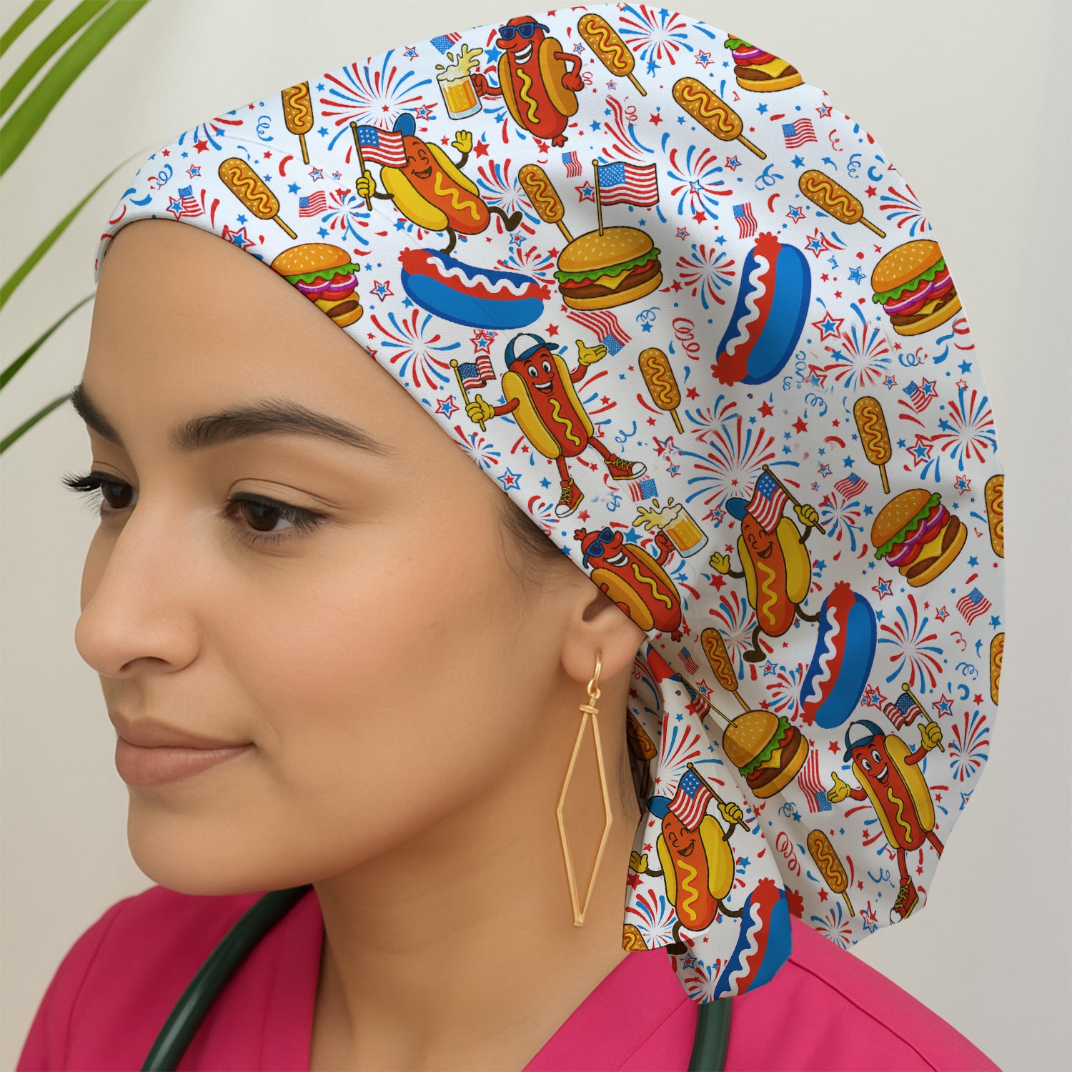Patriotic Hot Dog Burger Fireworks Scrub Cap, Surgical Caps for Doctors
