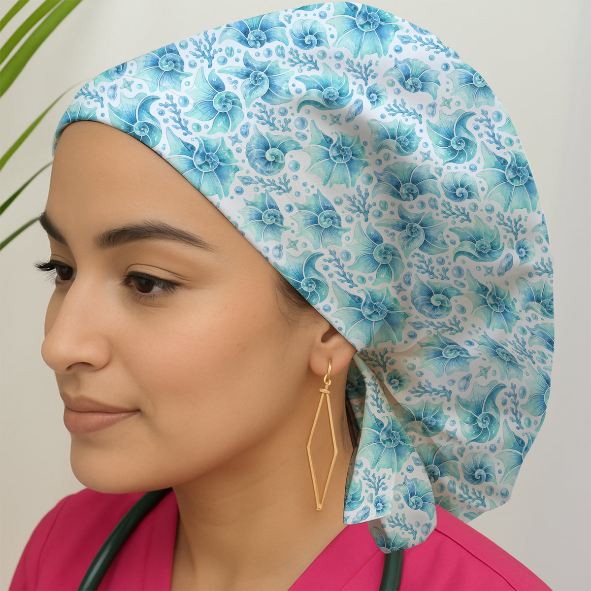 Blue Watercolor Seashell Pattern Scrub Cap, Surgical Caps for Doctors