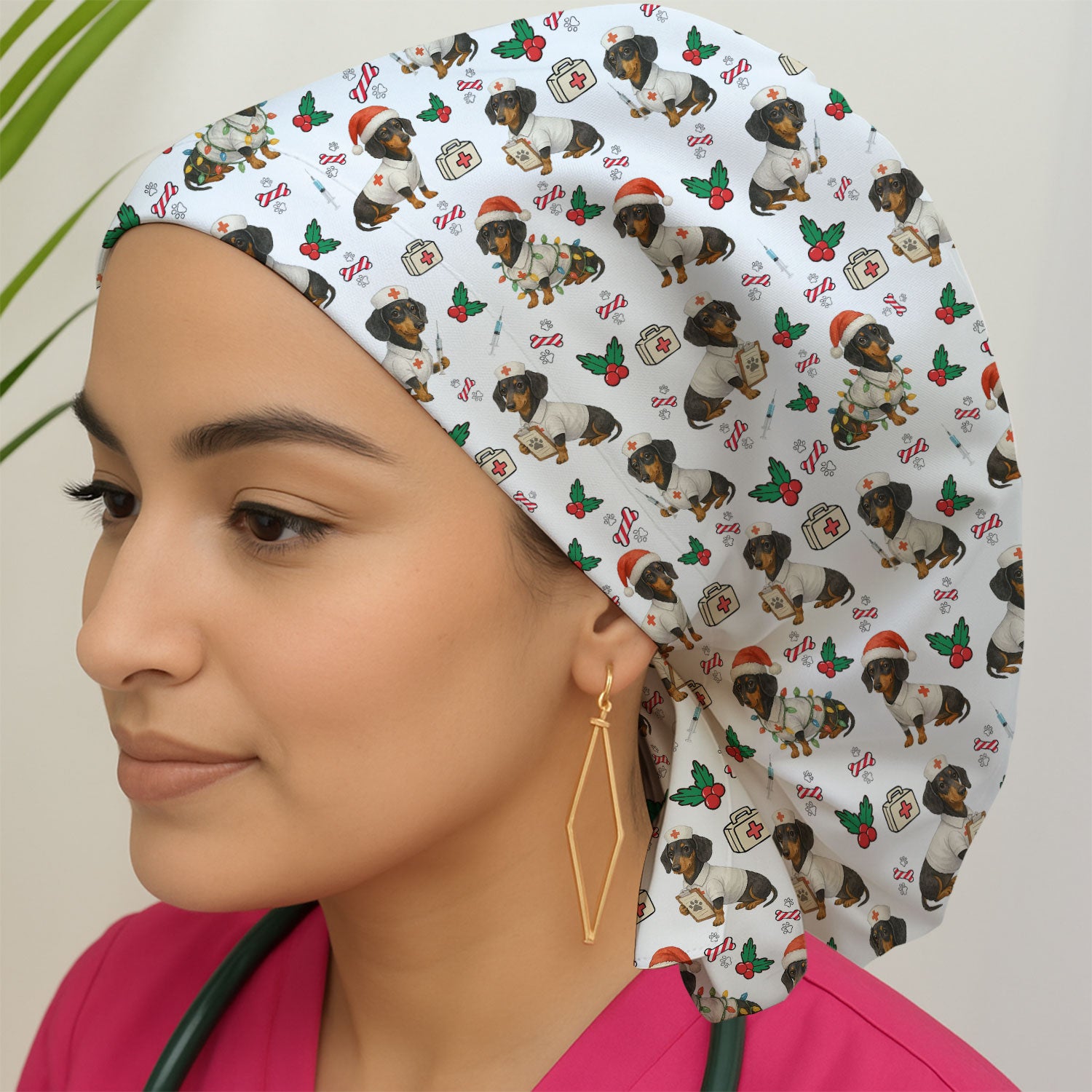 Custom Christmas Nurse Scrub Cap - Dachshund Dog Surgical Hat Multi Color - Funny Holiday Bouffant Cap for Women Nurses