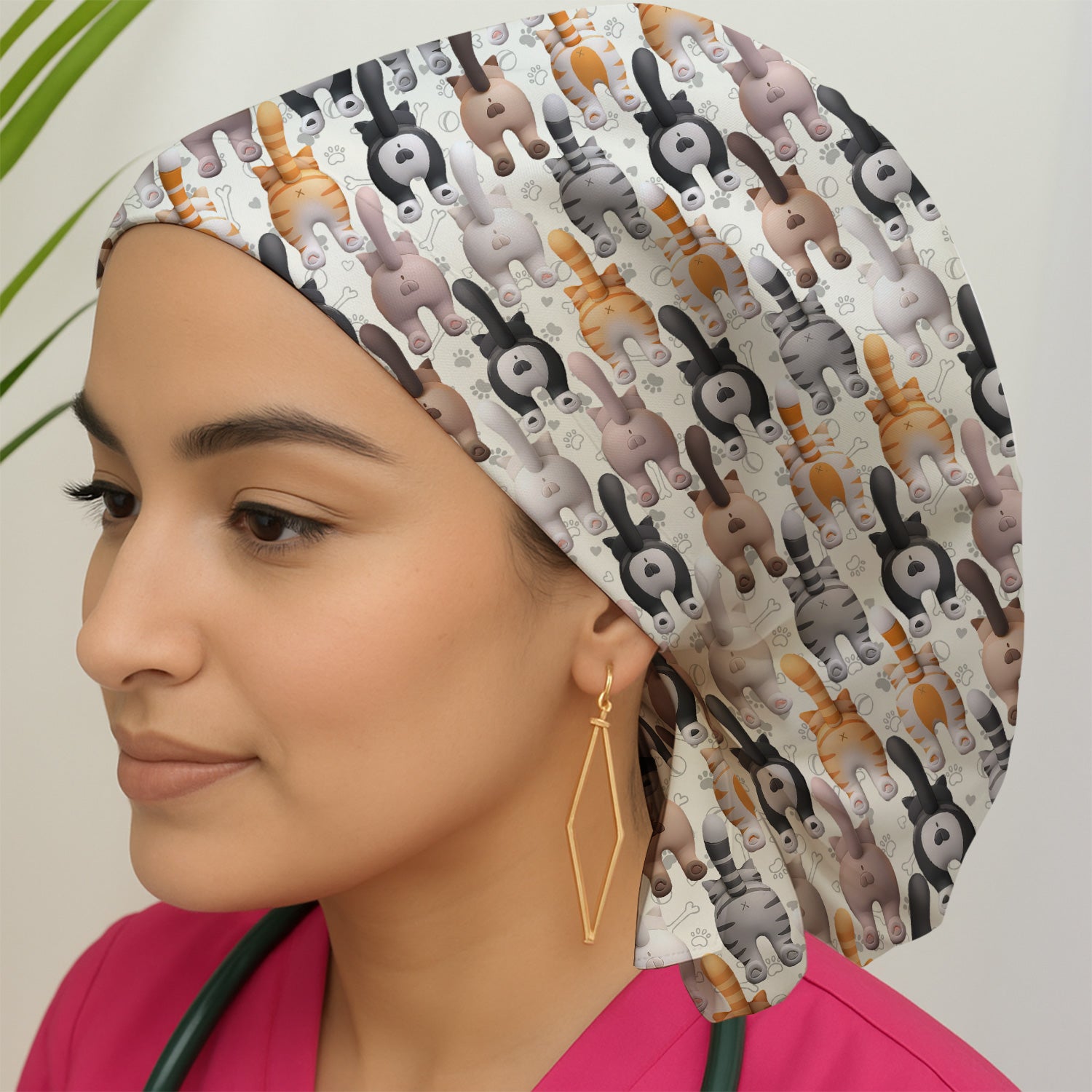 Funny Cat Butt Paw Print Pattern Cap, Bouffant Scrub Caps for Women