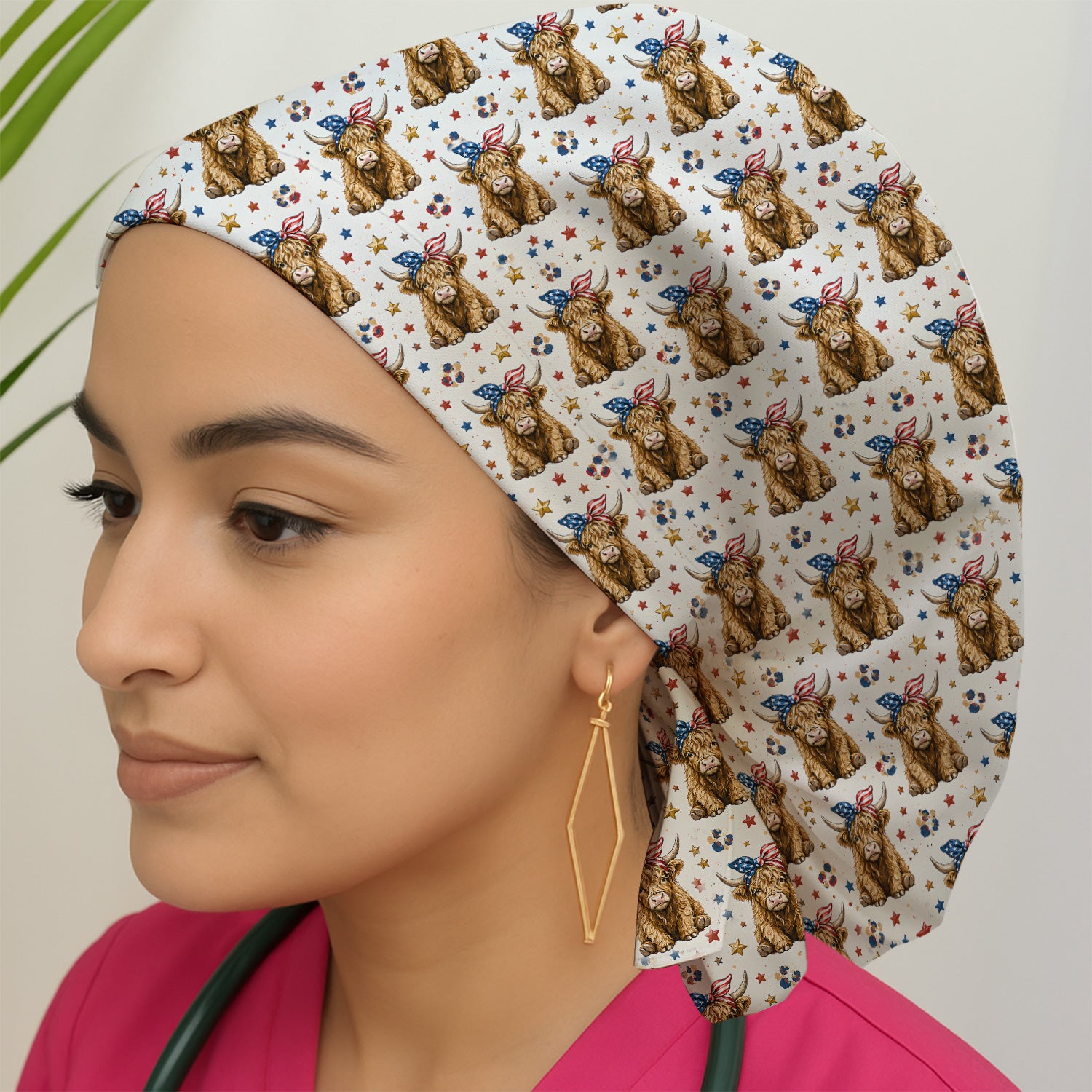 Patriotic Highland Cow Nurse for RN & CNA, Americana Farm Animal Healthcare Workers Medical Uniform Scrub Cap, Surgical Caps for Doctors