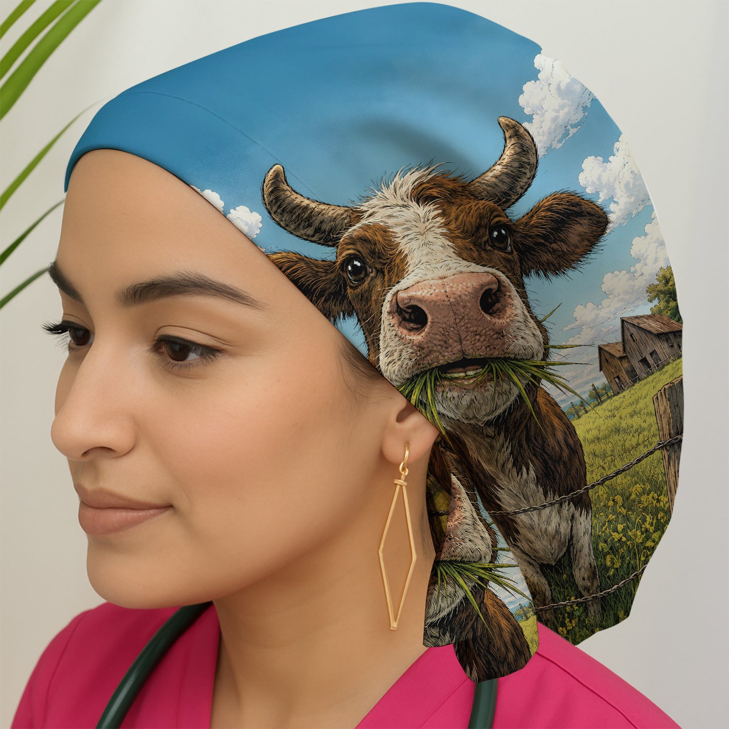 Curious Highland Cow Farm Scene Scrub Cap, Surgical Caps for Doctors