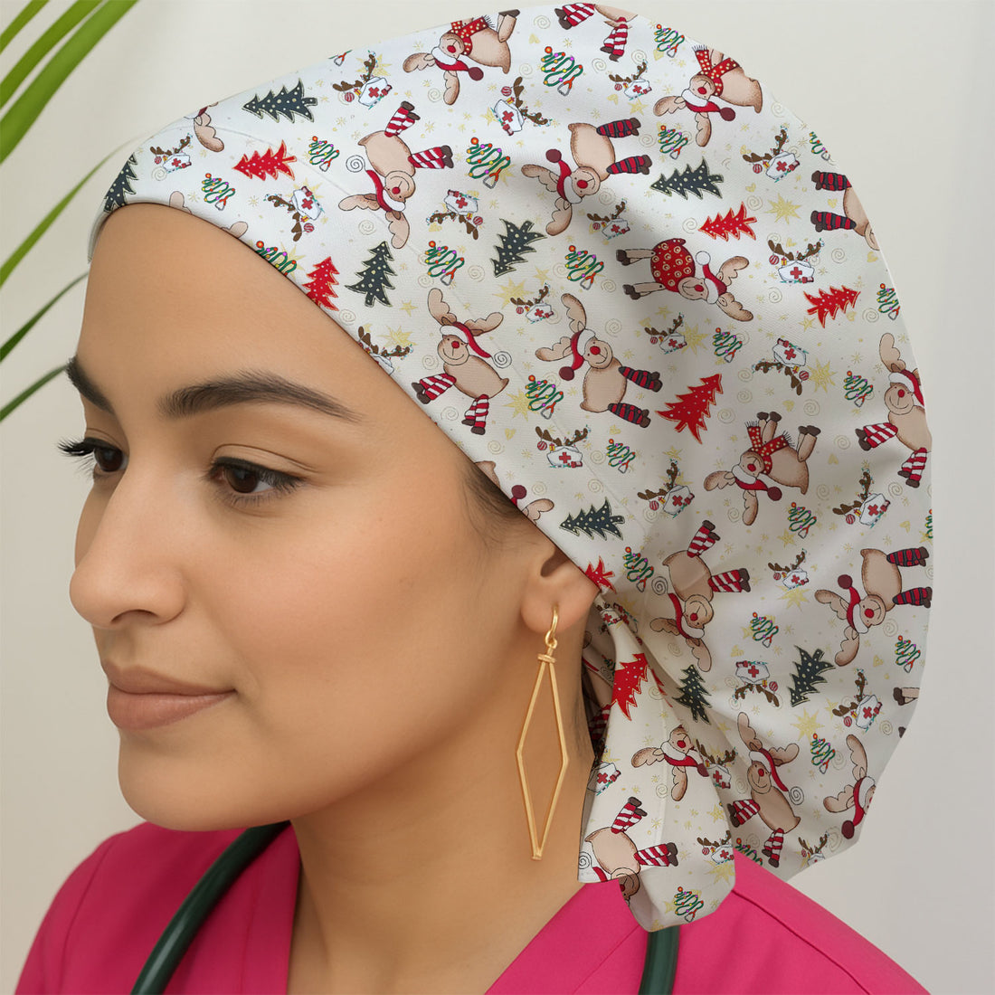 Reindeer Xmas Bouffant Scrub Caps for Women - Festive Holiday Holiday Nursing Gift - Breathable Fabrics Caps Uniform