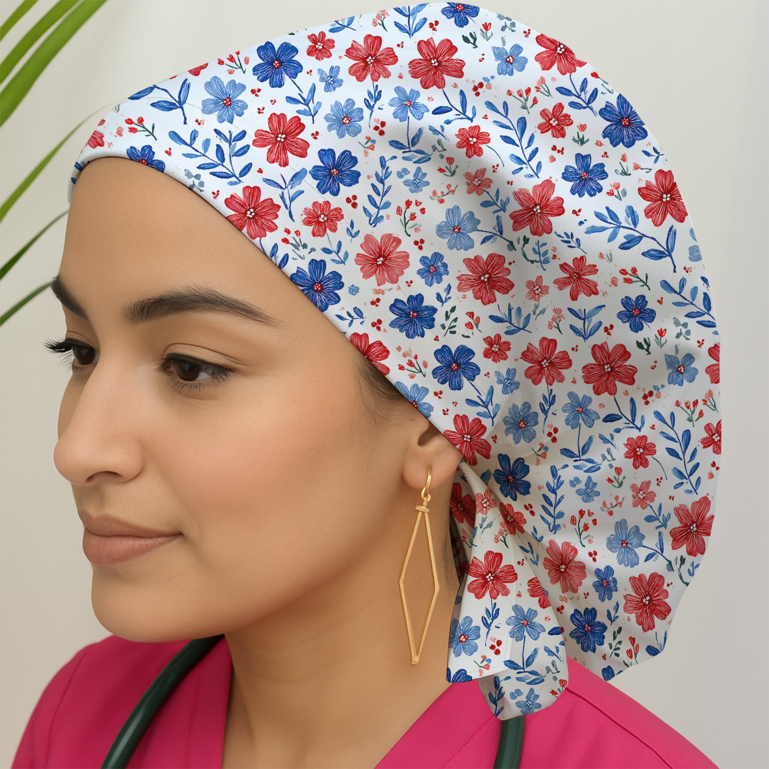 Patriotic Red White Blue Floral Print Scrub Cap, Surgical Caps for Doctors