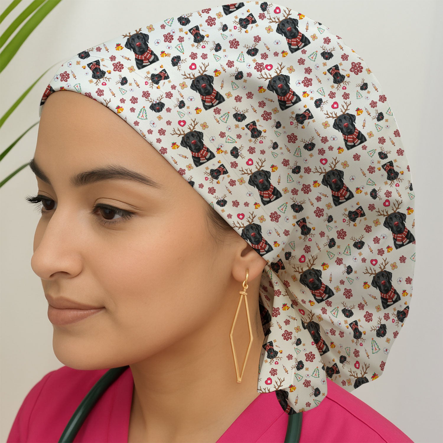Funny Black Lab Reindeer Bouffant Scrub Caps for Women - Christmas Dog Lover Caps for Her