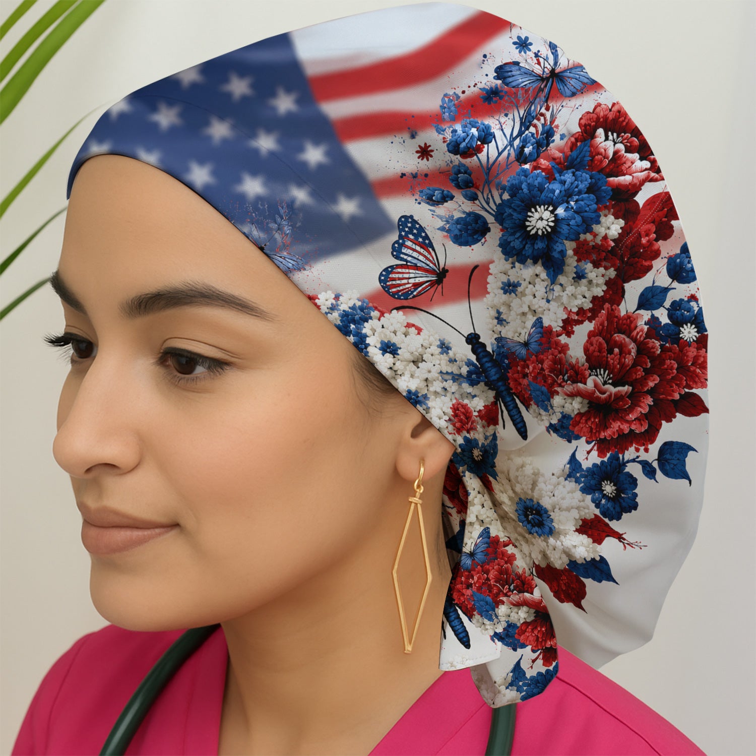 Patriotic Butterfly with Floral Print Scrub Cap, Surgical Caps for Doctors