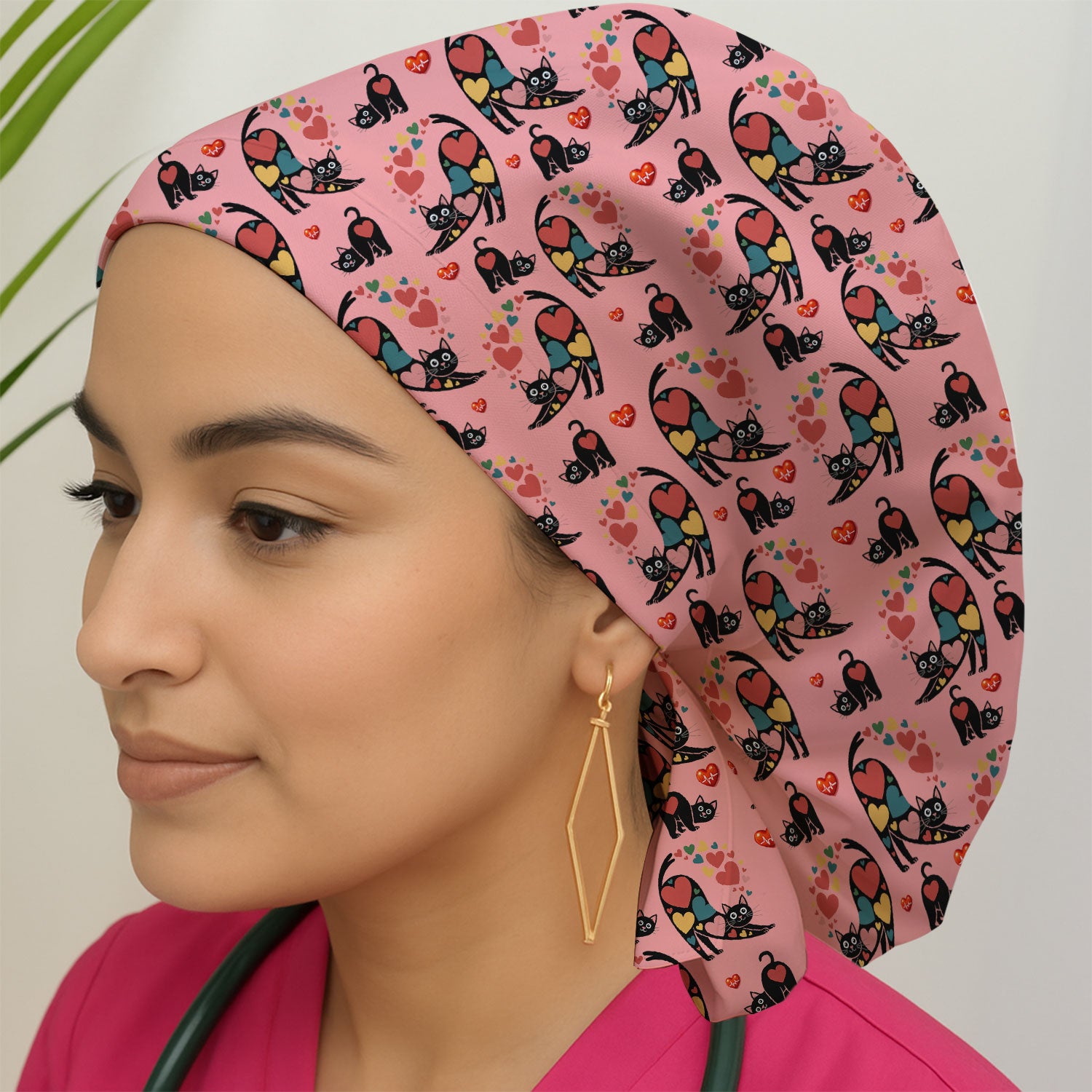 Playful Cat Valentine Heart Print Nurse Scrub Cap, Bouffant Scrub Caps for Women