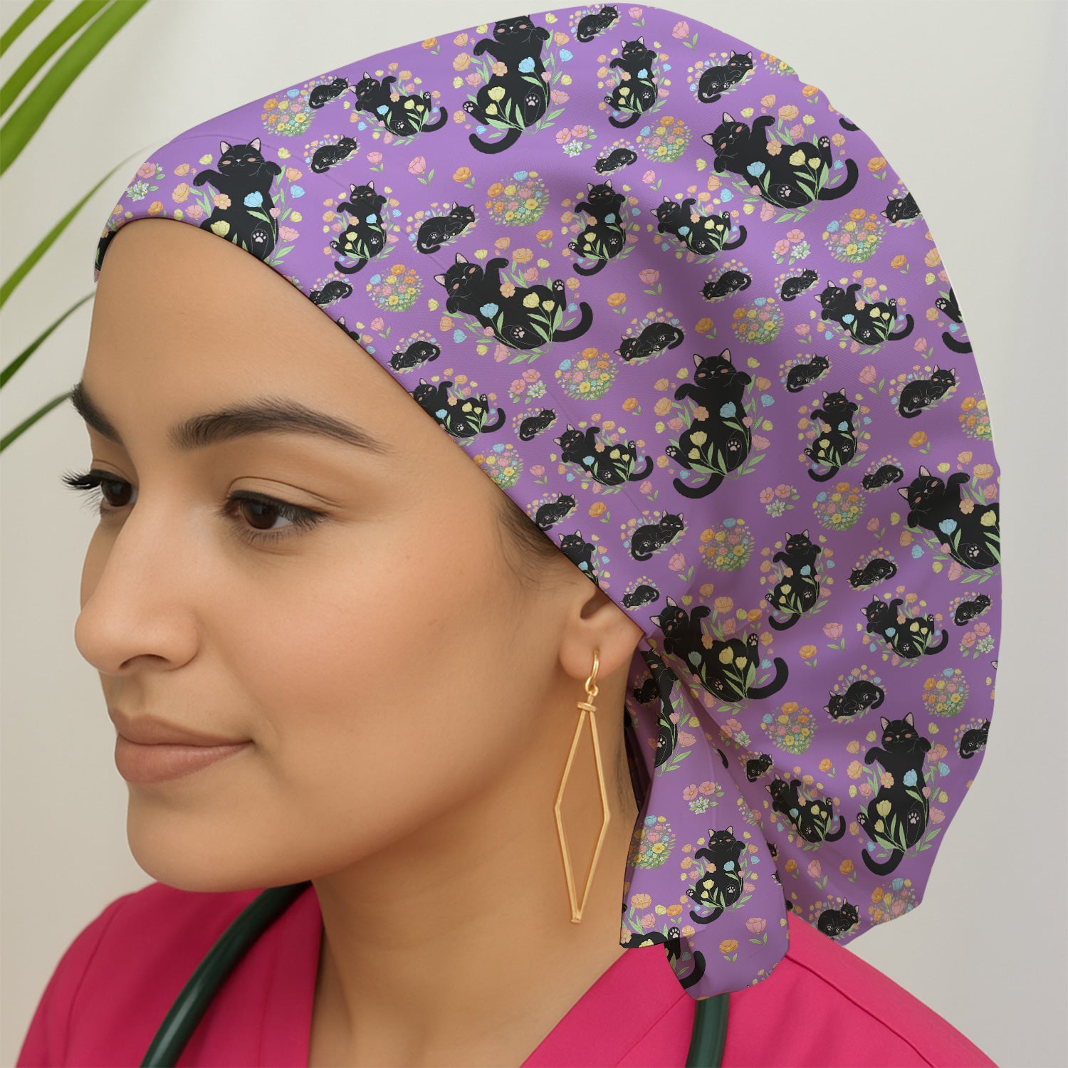 Cats With Cute Poses Floral Pattern Caps, Bouffant Scrub Caps for Women