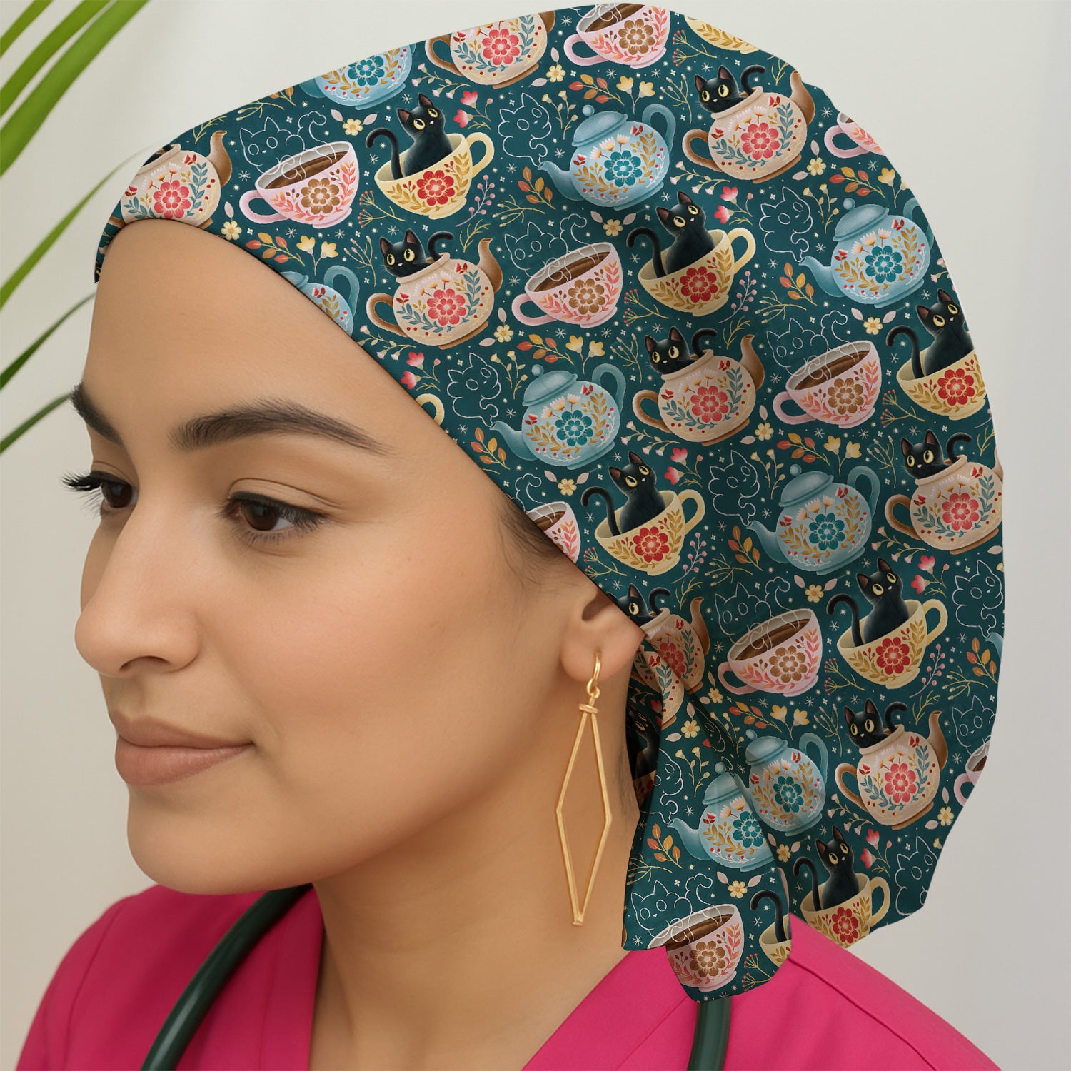 Black Cat Tea Party Veterinary Pattern Scrub Cap, Surgical Caps for Doctors