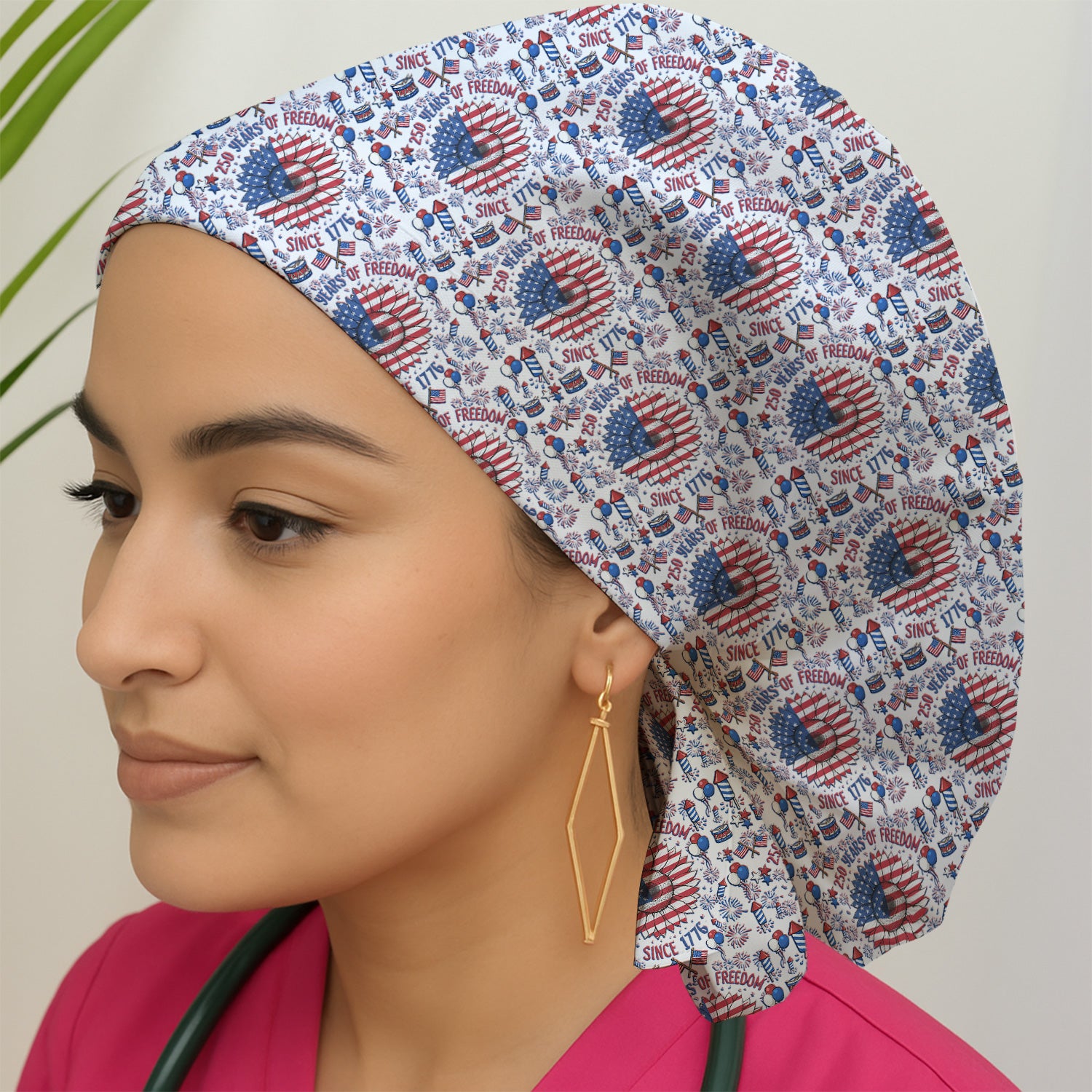 Festive Patriotic Sunflower American Flag Fireworks Pattern Scrub Cap, Surgical Caps for Doctors