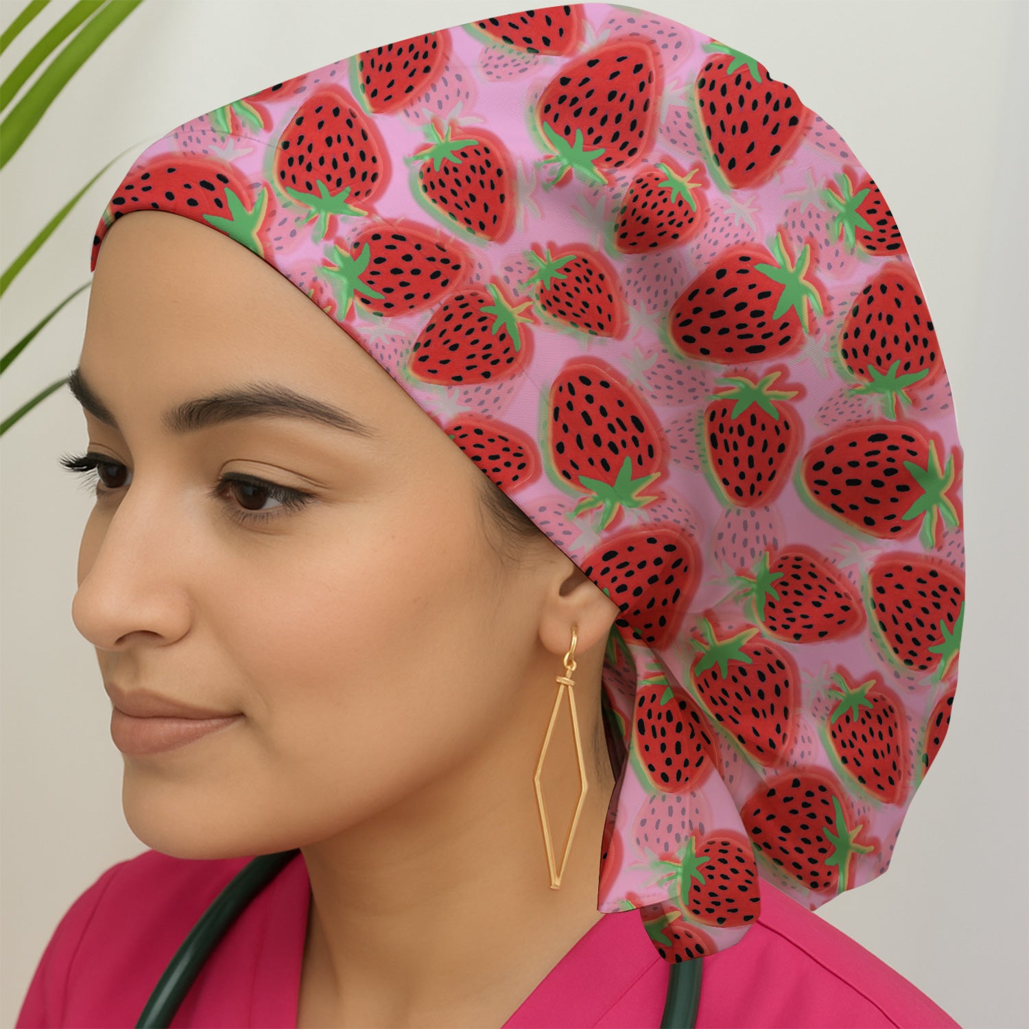 Pink Strawberry Pattern Cap, Bouffant Scrub Caps for Women