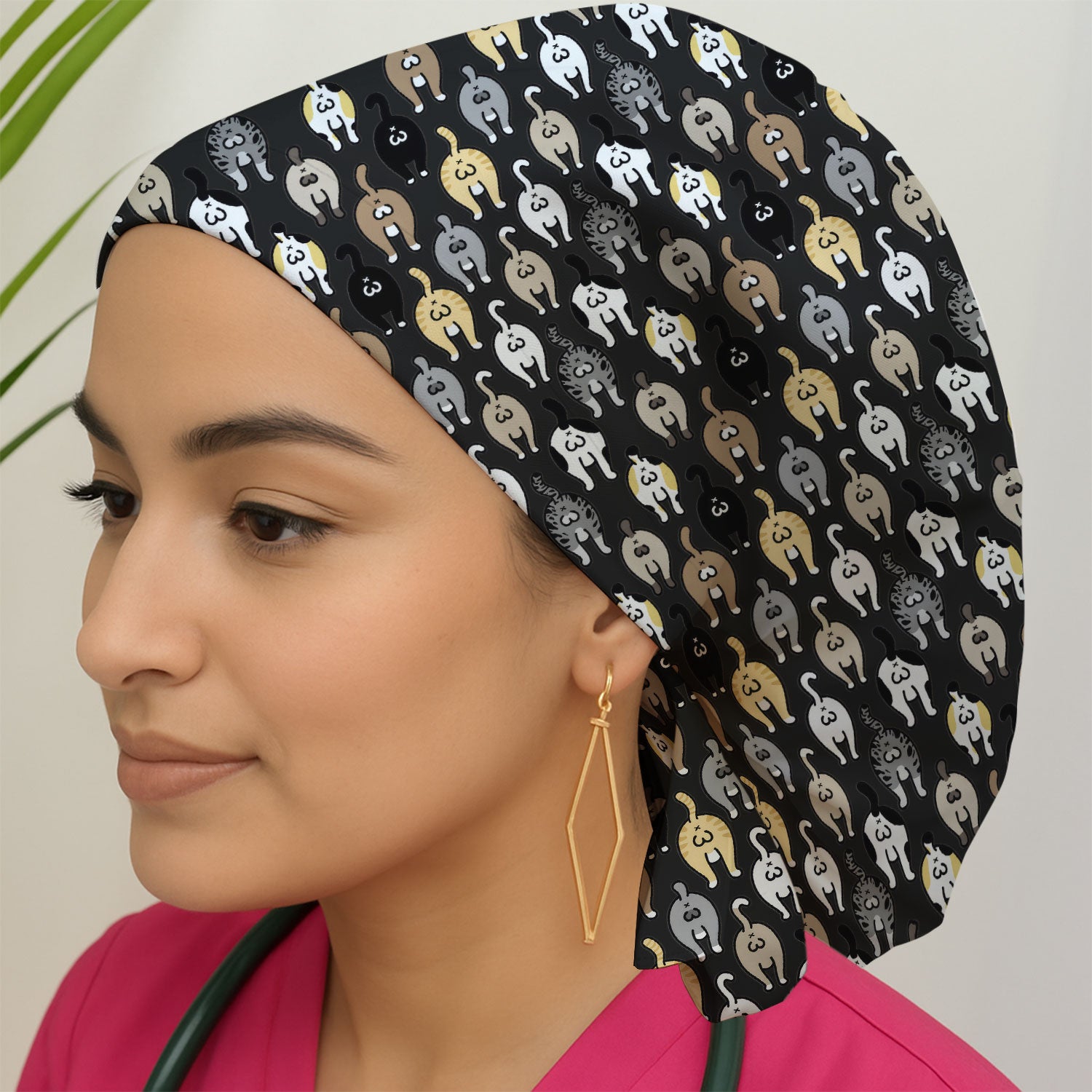 Cat Lover Nurse Scrub Cap, Funny Cat Butt Pattern Medical Hat, Breathable Fabrics Nursing Uniform