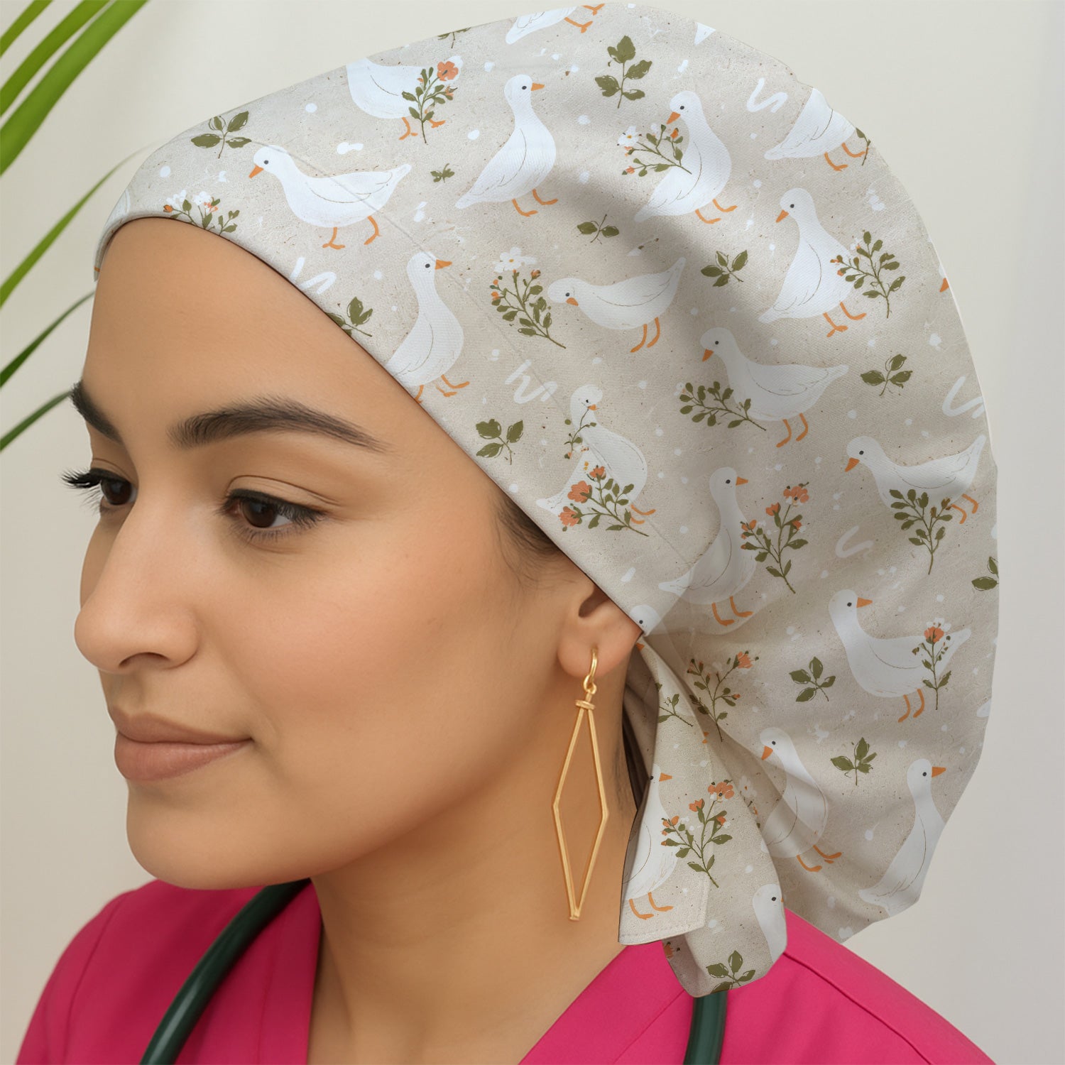 White Goose Floral Meadow Pattern Scrub Cap, Surgical Caps for Doctors